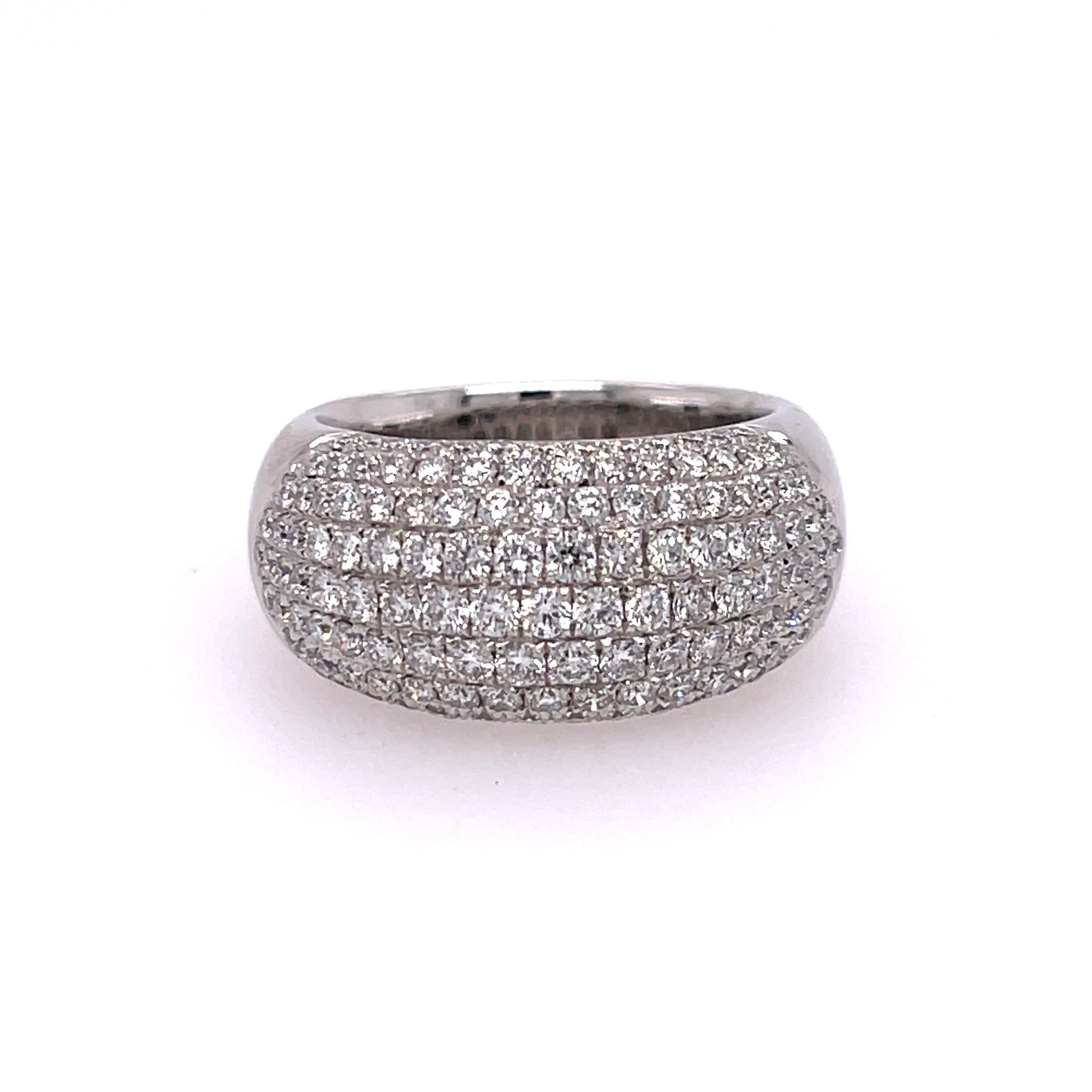 1.75CTW Diamonds in 14K White Gold.  There are nine rows of diamonds.  Finger Size 6.5.  Ring can be sized but larger sizes can be provided with pricing upon request. Diamonds are G Color VS/2 Clarity.  Tapered Shank, high polish finish. 