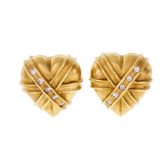 Domed Heart Diamond Gold Clip Post Earrings