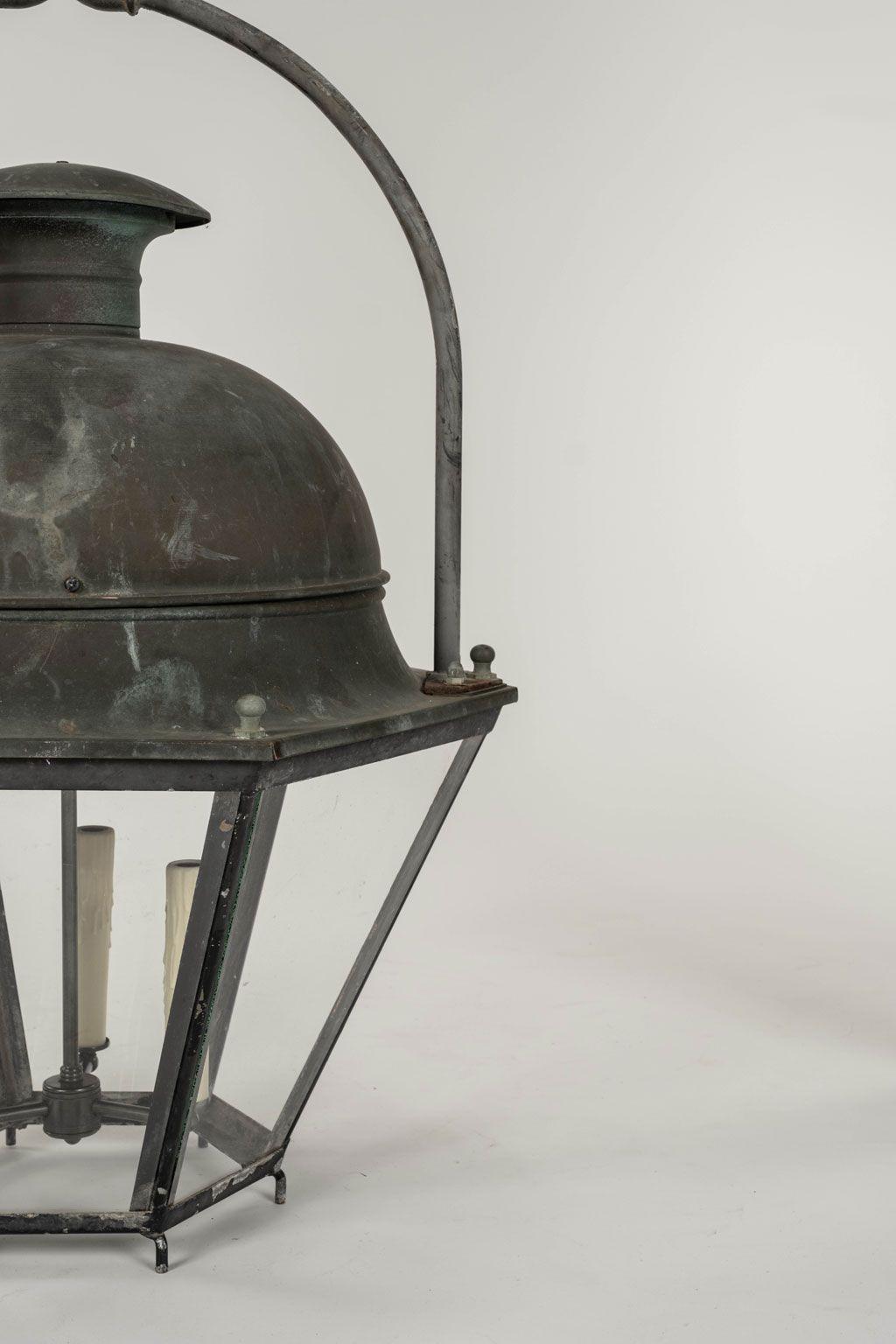 French Provincial Domed Hexagonal Glass Paneled Iron and Copper Lantern