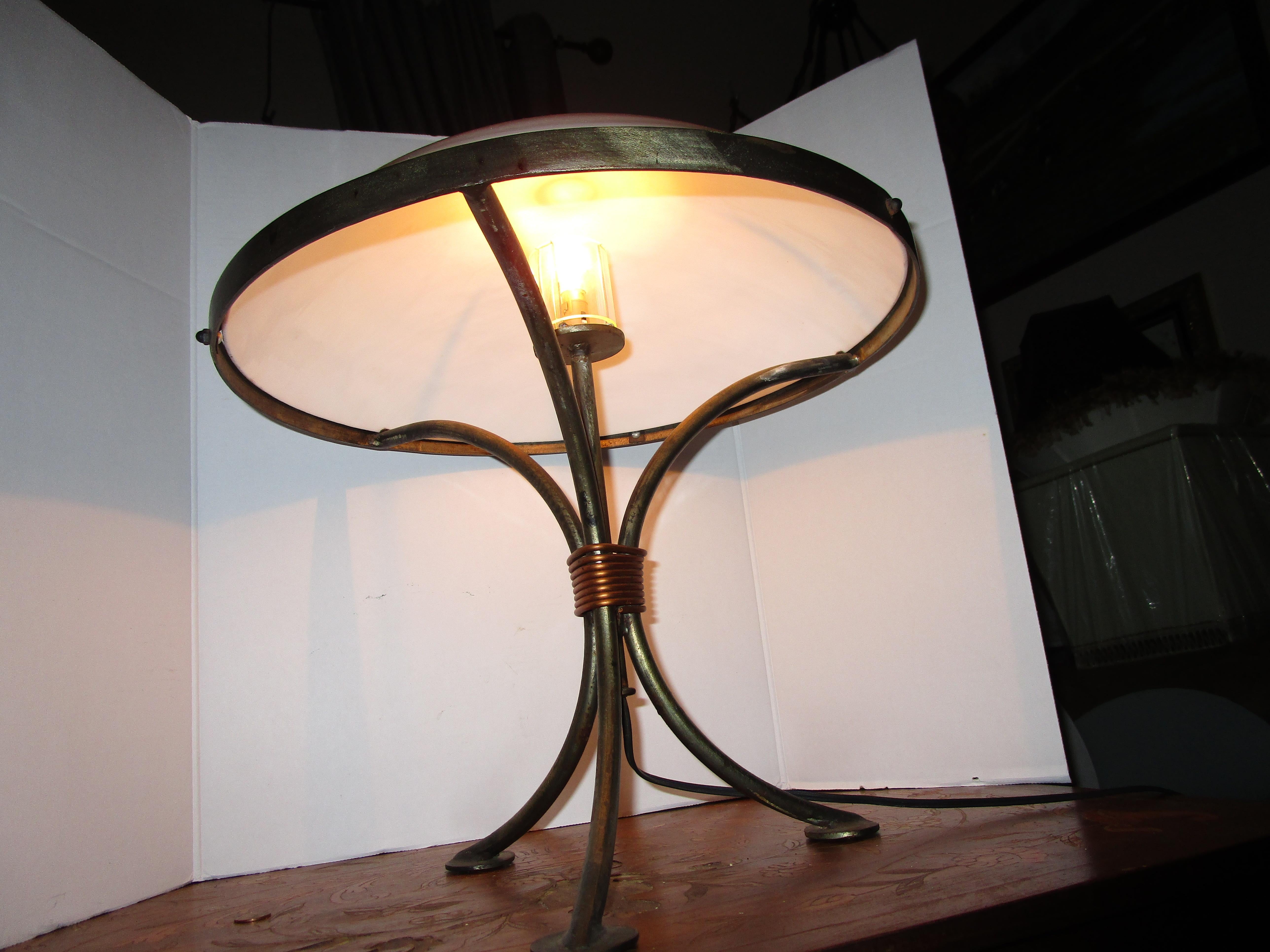 Domed Opaline Glass Shade Iron Tripod Table Lamp with Copper Clasp 2
