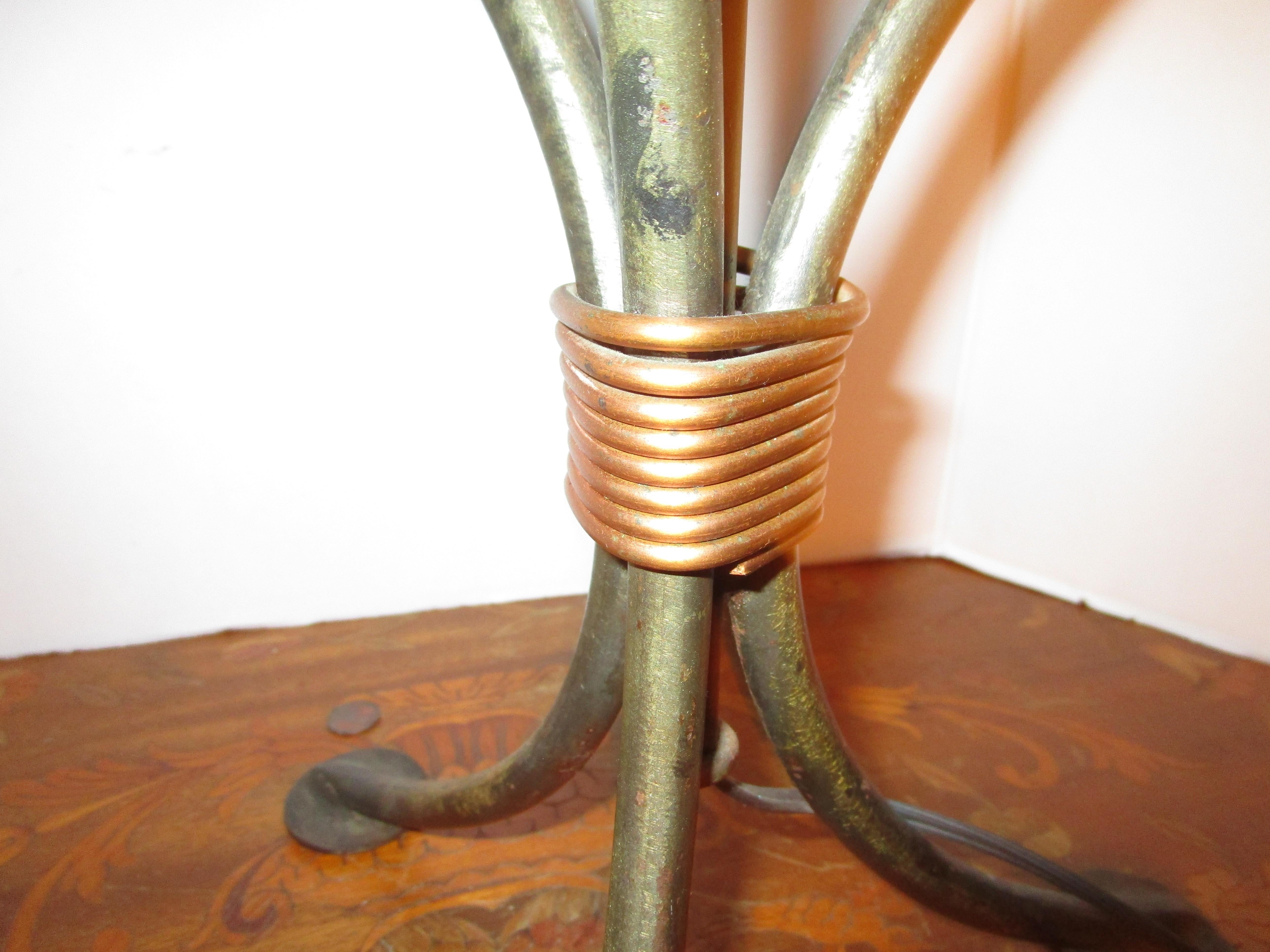 Welded Domed Opaline Glass Shade Iron Tripod Table Lamp with Copper Clasp