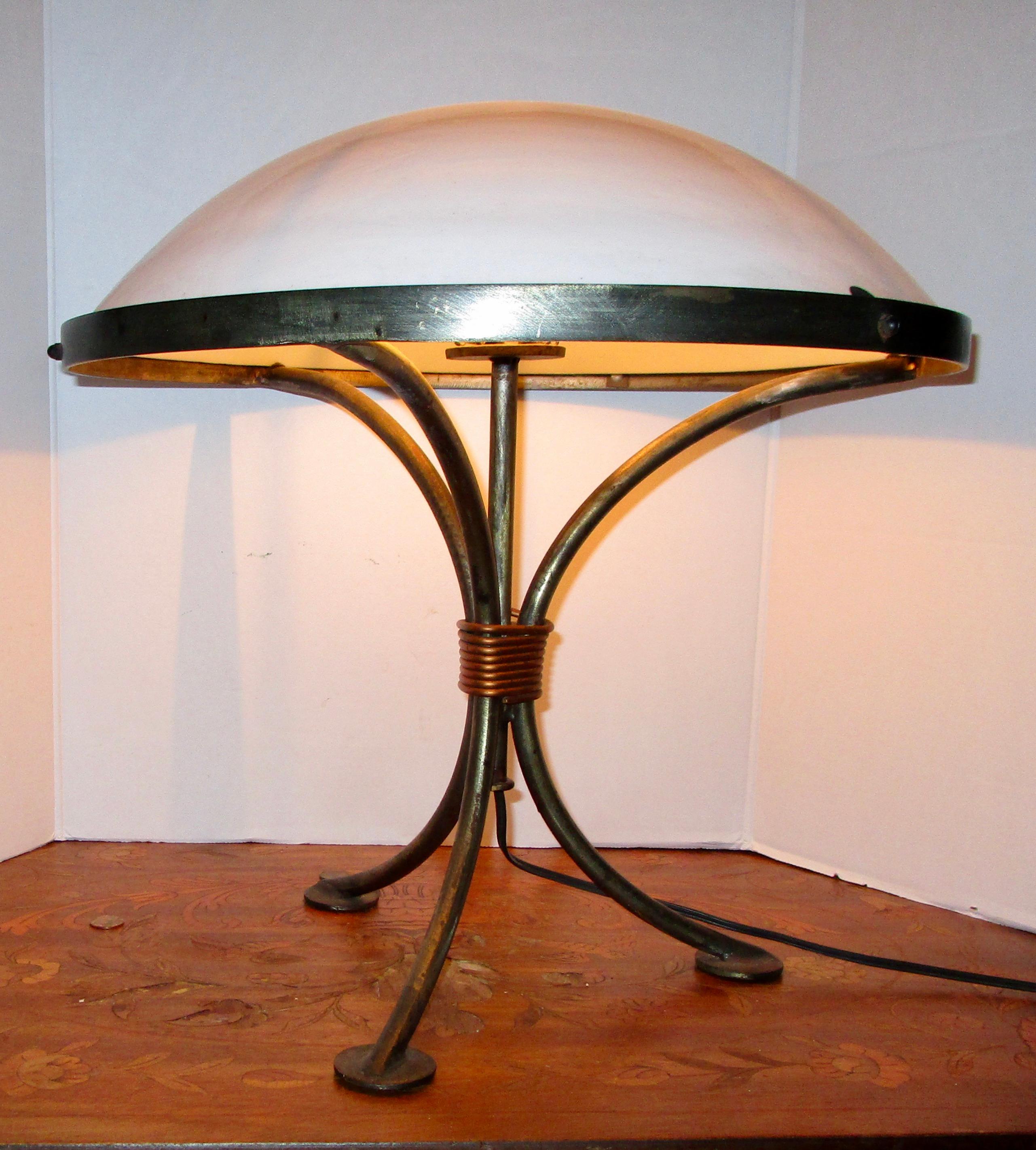 20th Century Domed Opaline Glass Shade Iron Tripod Table Lamp with Copper Clasp