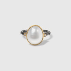 Domed Oval Pearl Ring with Two Diamonds, 24kt Gold and Silver