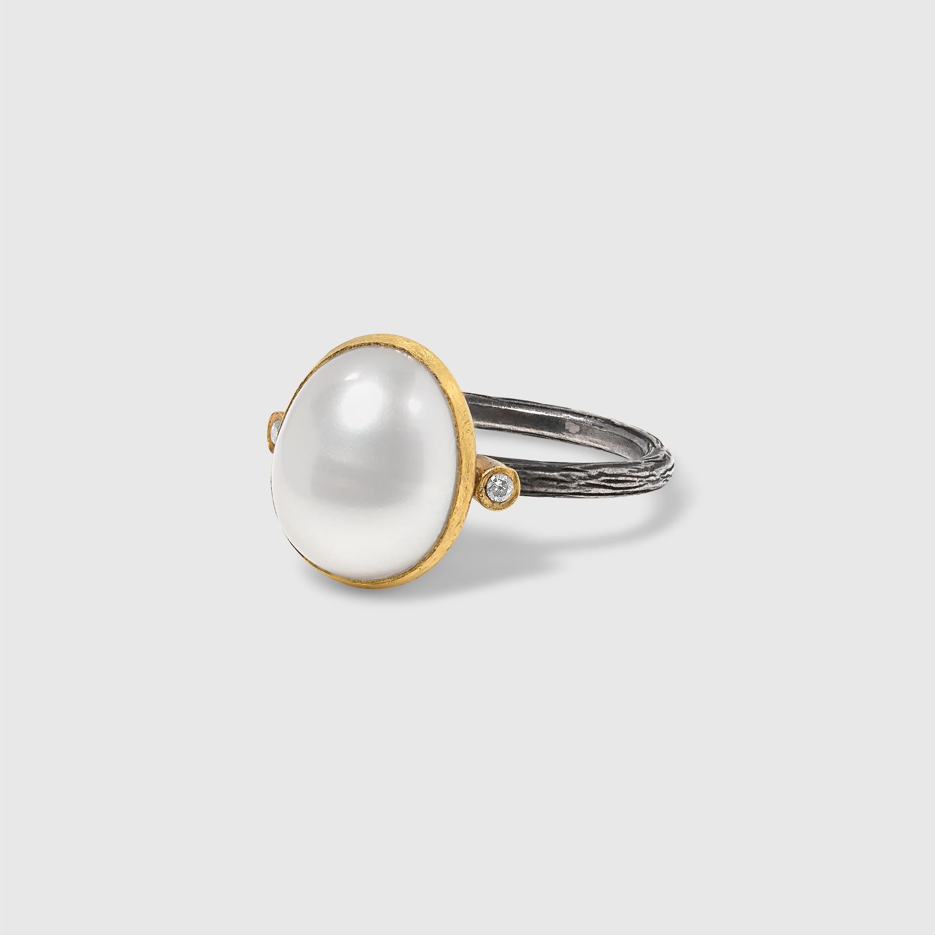 Oval Cut Domed Oval Pearl Ring with Two Diamonds, 24kt Gold and Silver For Sale