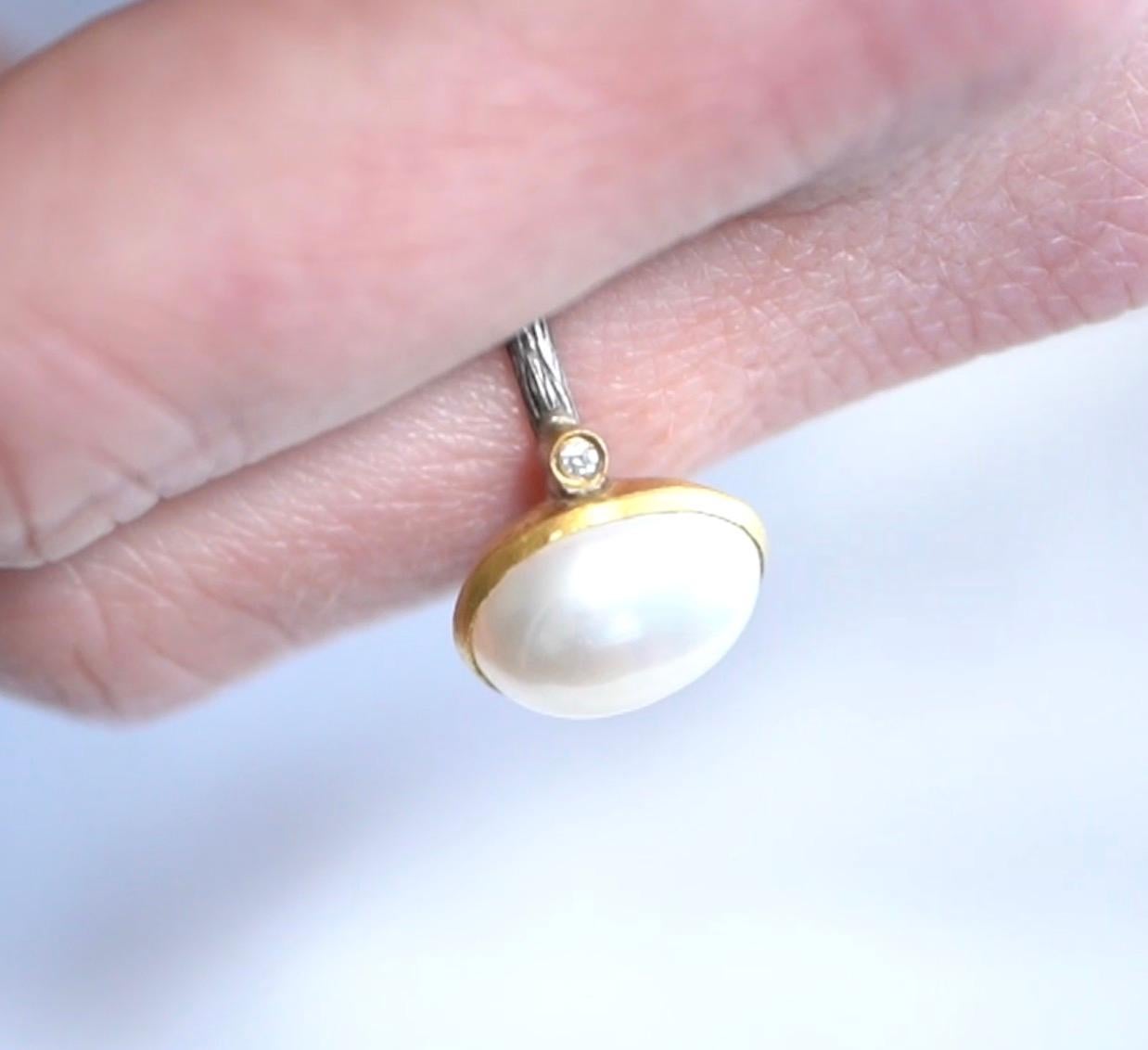 Contemporary Domed Oval Pearl Ring with Two Diamonds, 24kt Gold and Silver For Sale