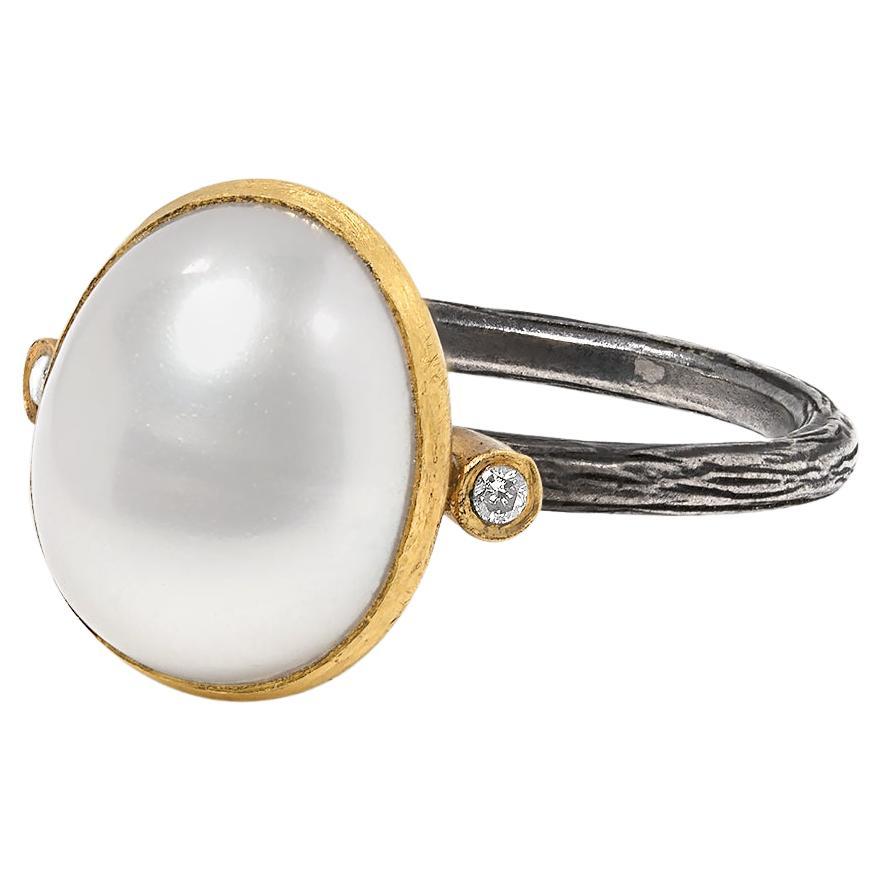 Domed Oval Pearl Ring with Two Diamonds, 24kt Gold and Silver For Sale
