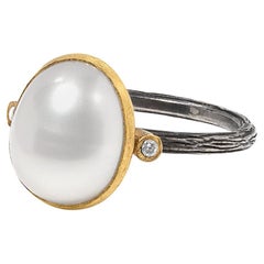 Domed Oval Pearl Ring with Two Diamonds, 24kt Gold and Silver