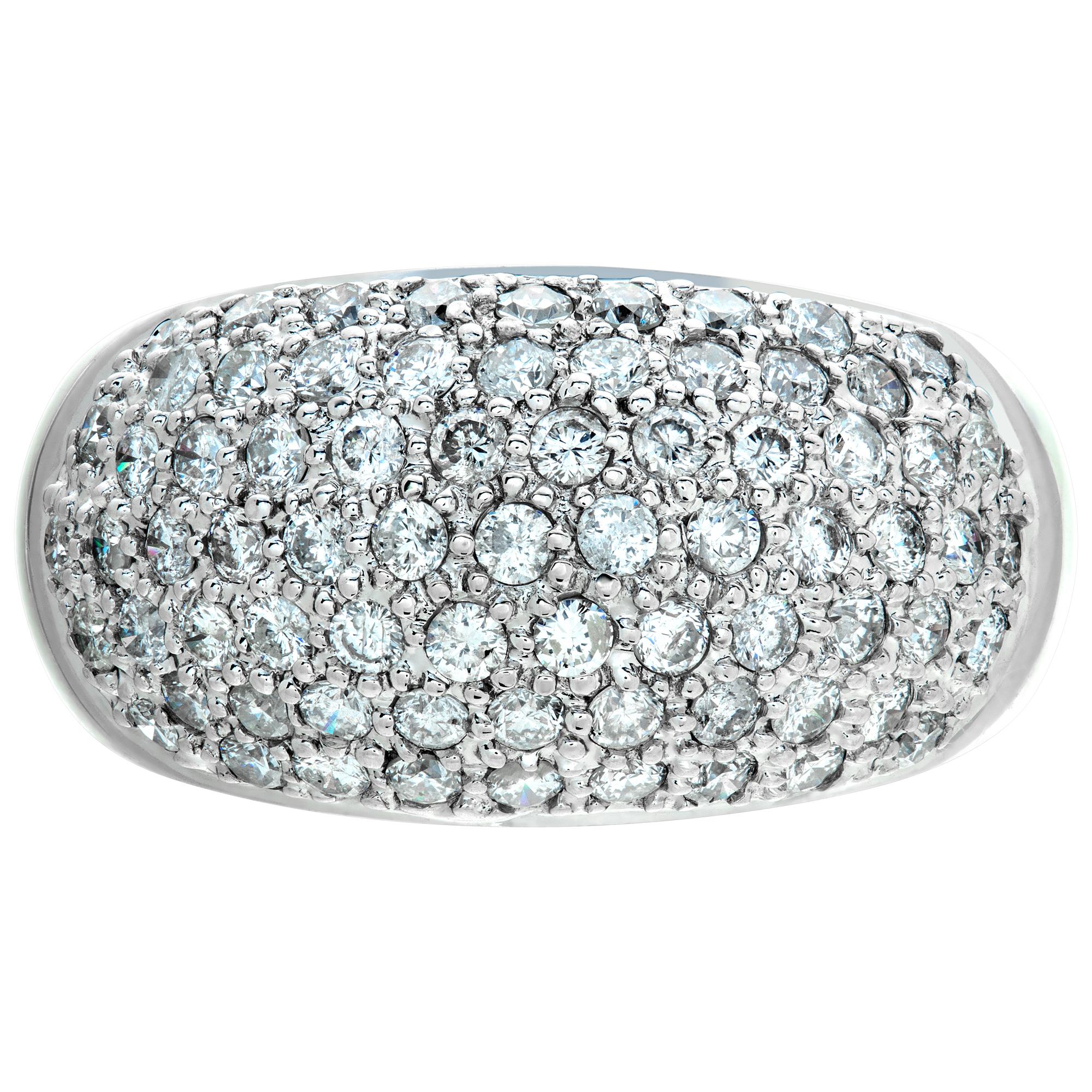 Domed pave diamond ring in 14k white gold with approximately 3.00 carats in pave set round diamonds (G-H color, SI2 clarity). Size 9. Width at head of ring: 12.5mm, width at shank 4.0mm.This Diamond ring is currently size 9 and some items can be