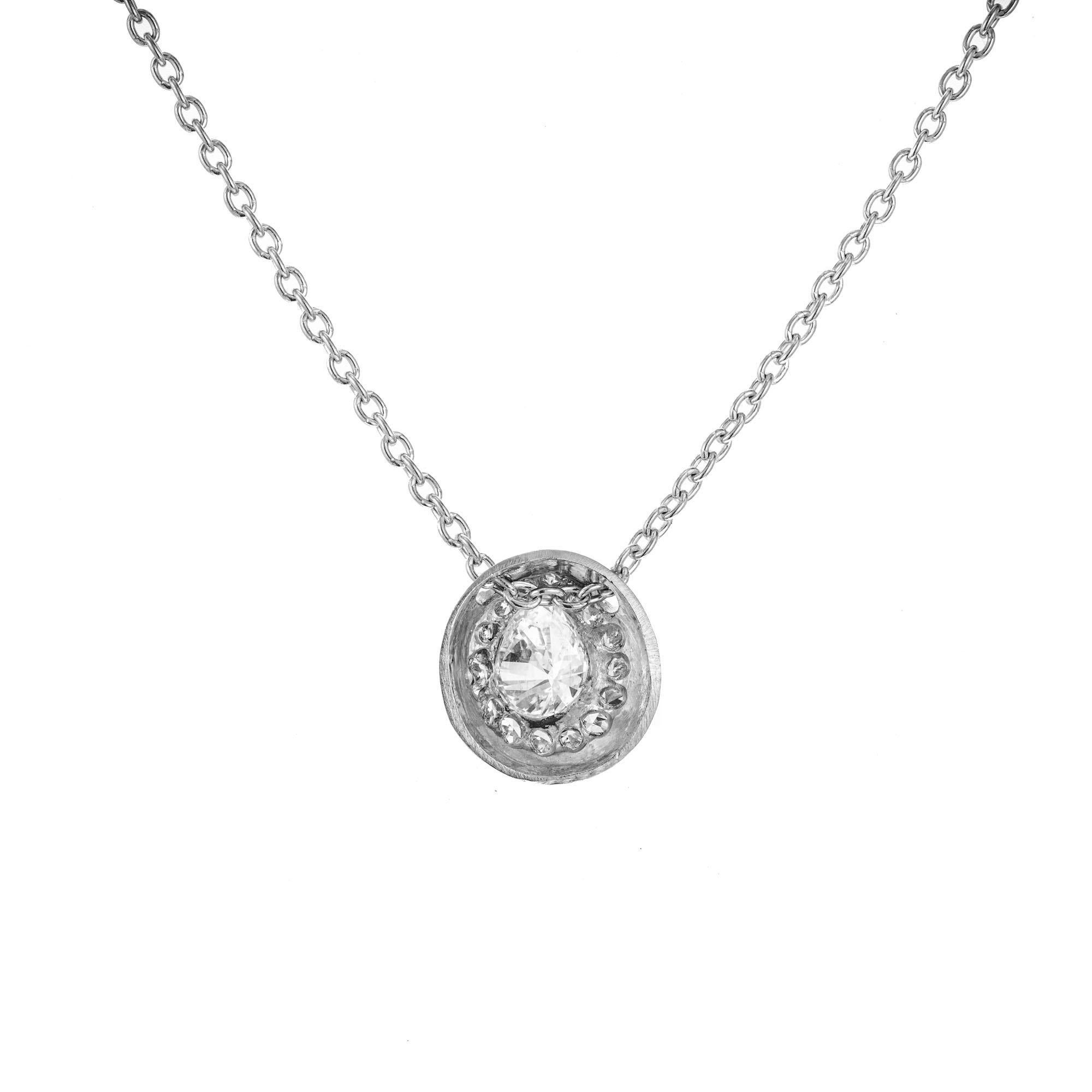Pear Cut Domed Pear Pave Diamond Platinum Pendant Slide Necklace For Sale
