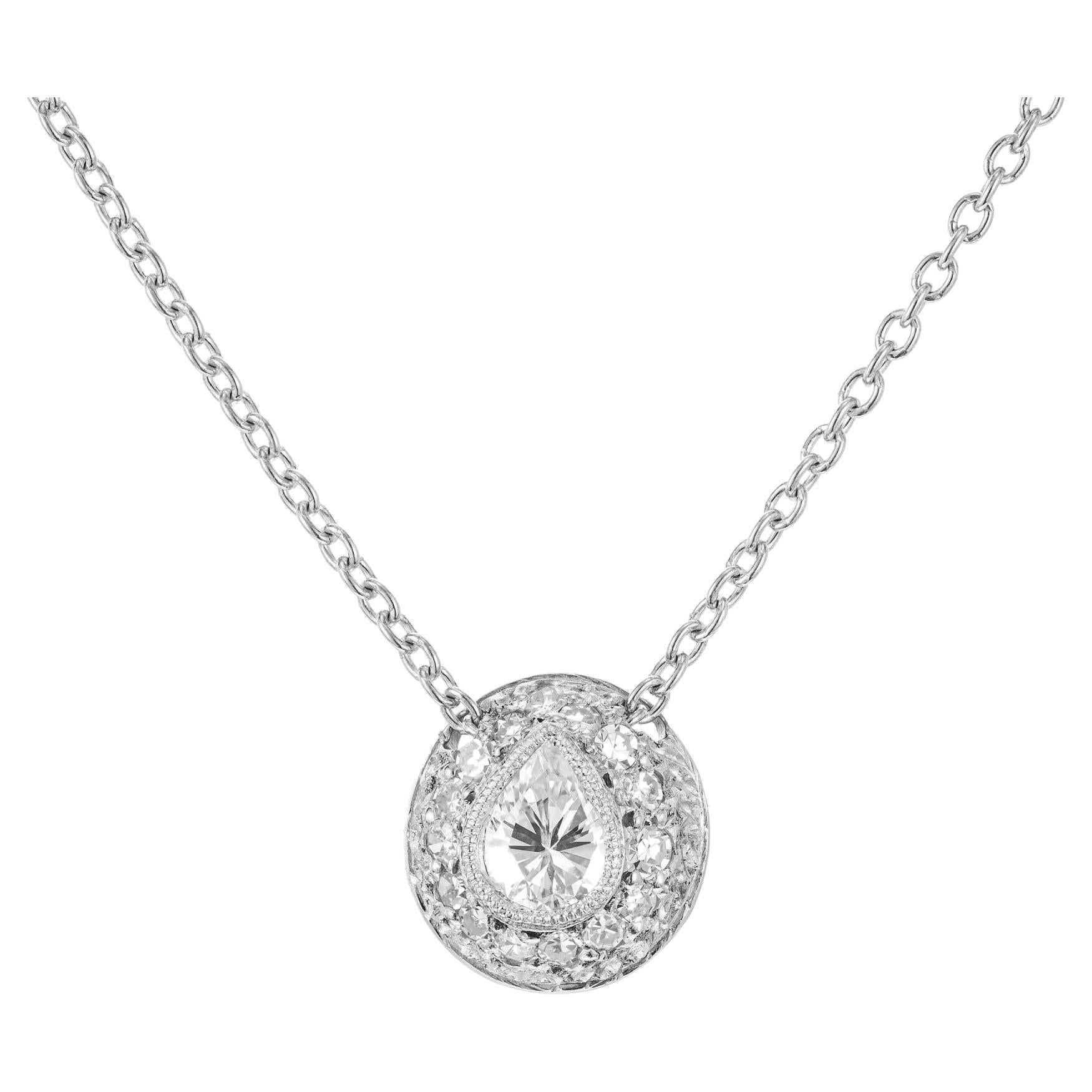 Domed Pear Pave Diamond Platinum Pendant Slide Necklace For Sale