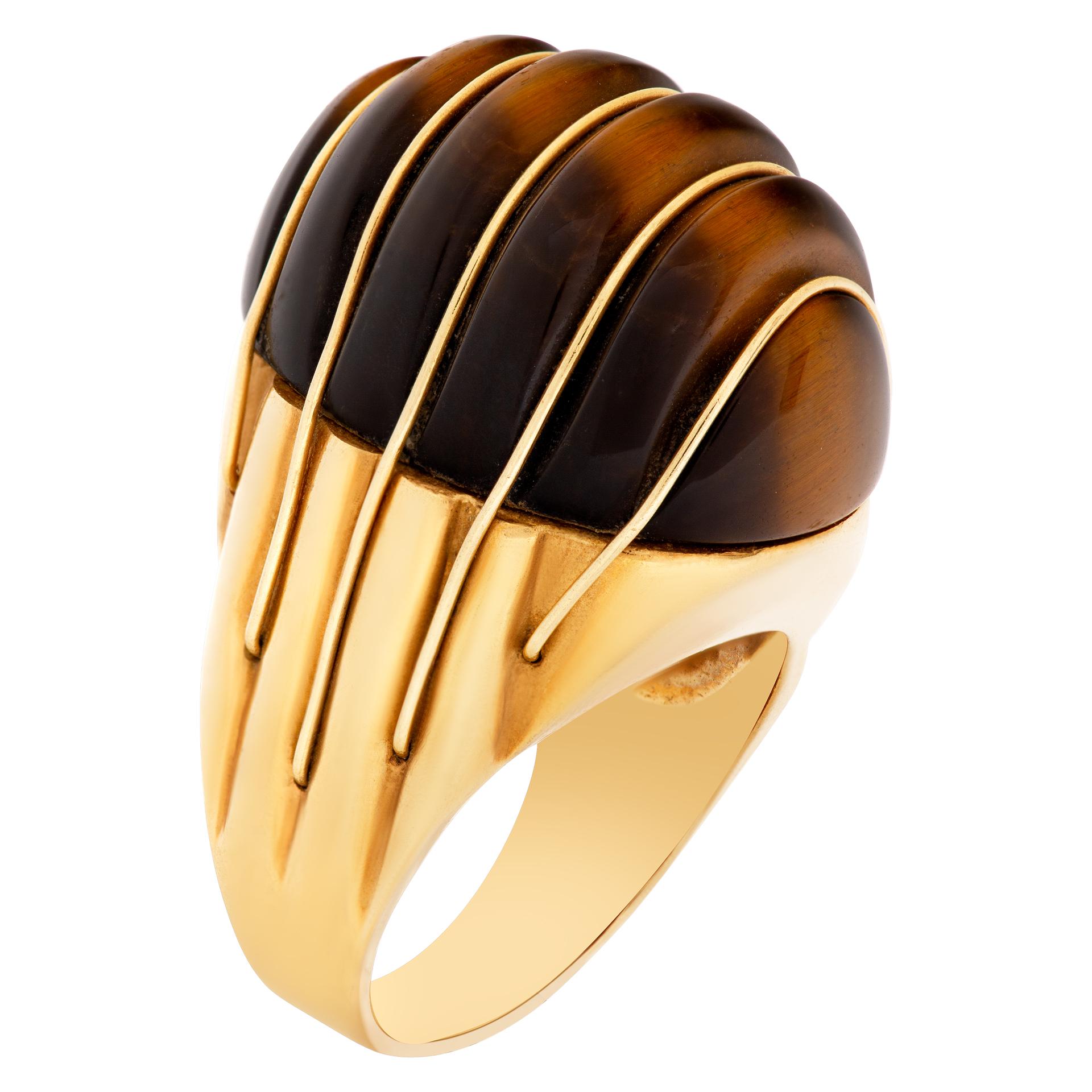 Women's or Men's Domed Ring in 18k Gold, Cabochon Tiger Eye Style For Sale