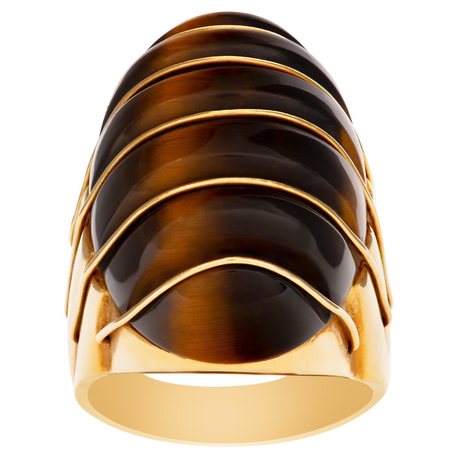 Domed Ring in 18k Gold, Cabochon Tiger Eye Style For Sale