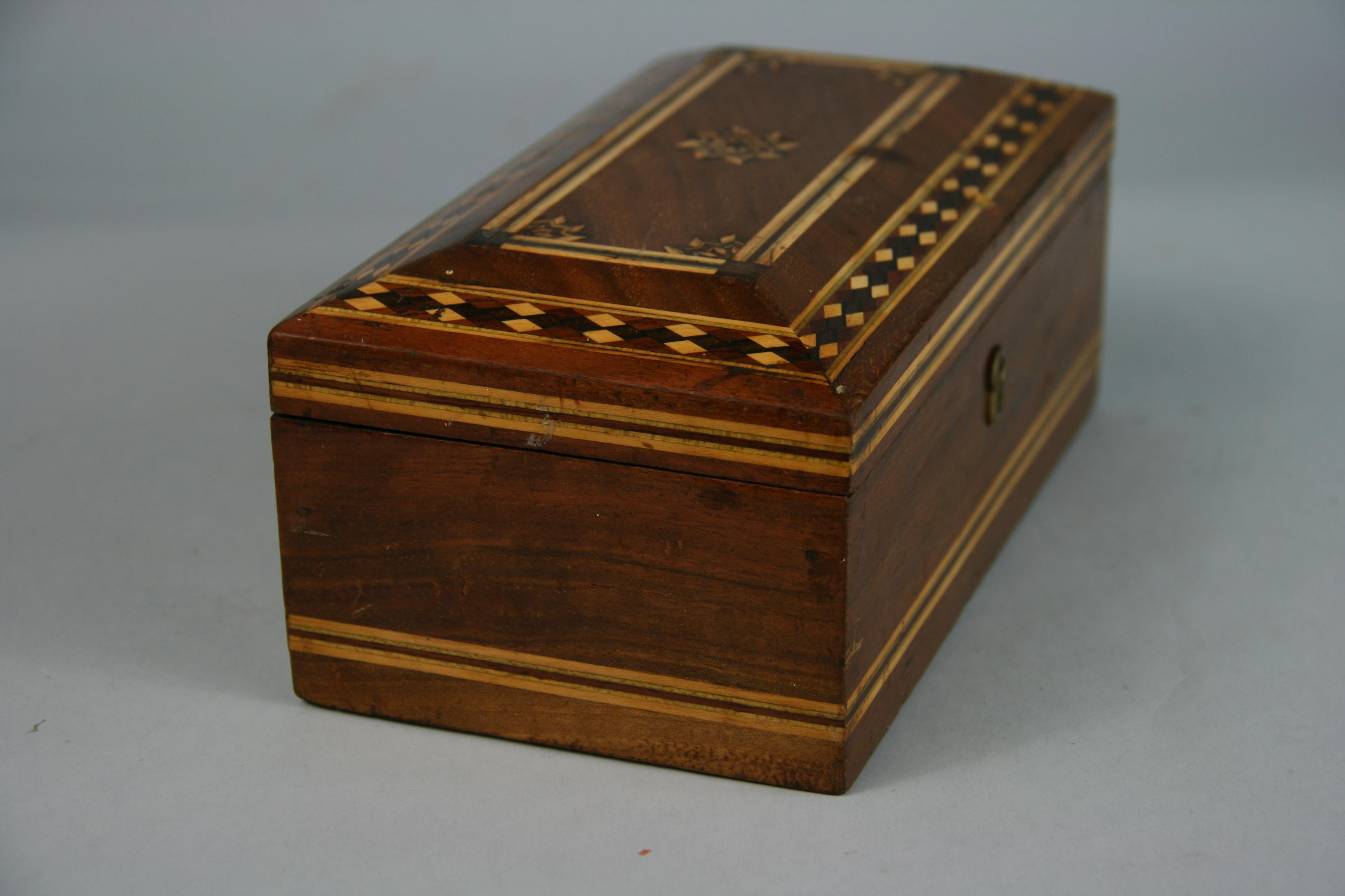 Mid-20th Century Domed Top Inlaid Wood Box with Metal Liner For Sale