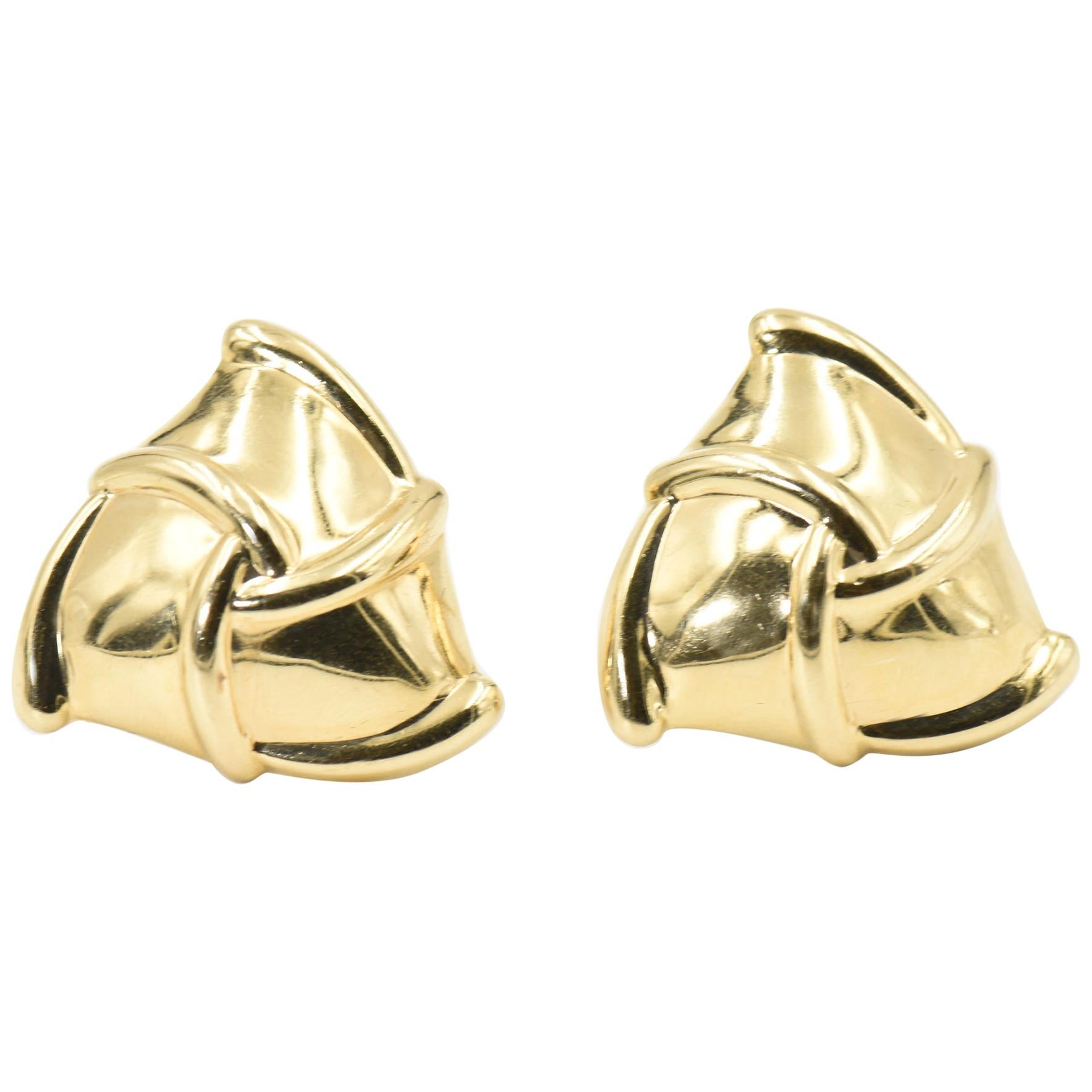 Domed Triangle 14 Karat Gold Earrings with Woven Ribbon Design