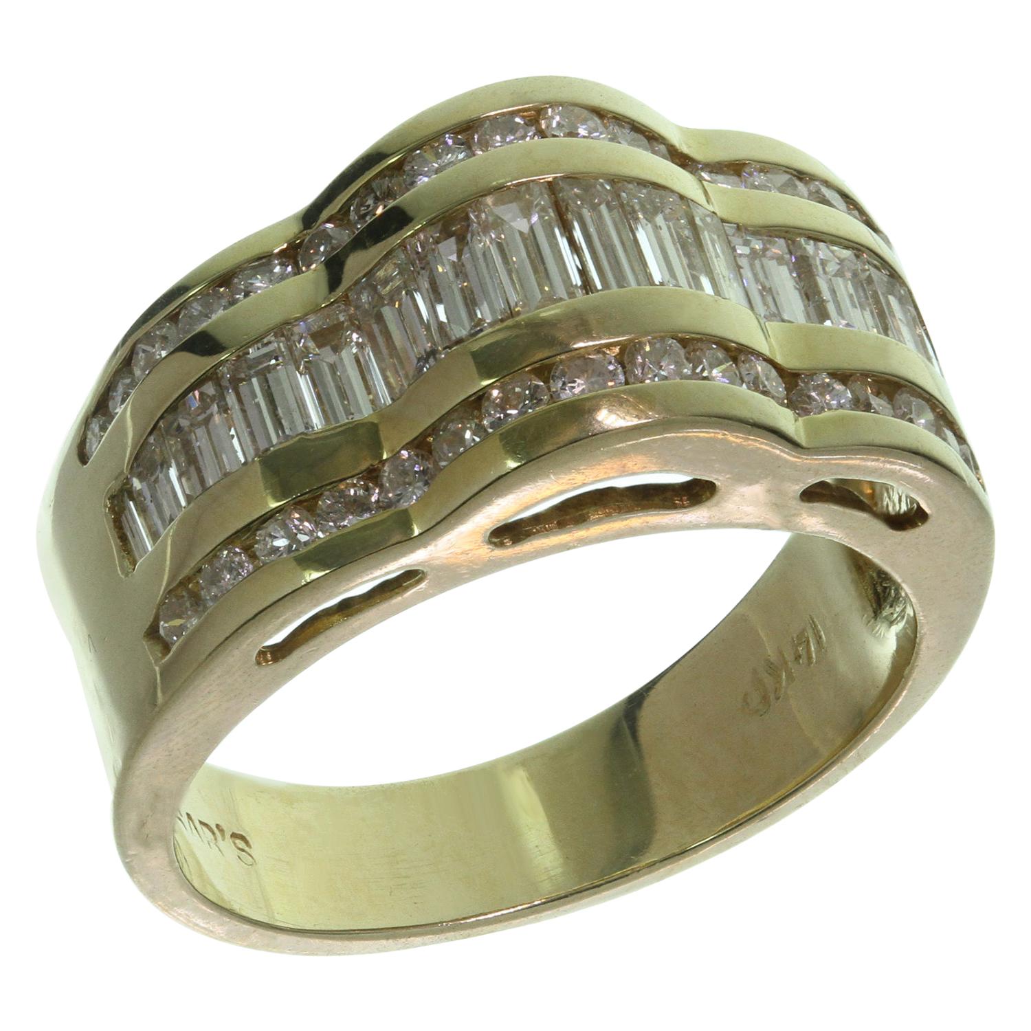 Domed Wave Diamond Yellow Gold Ring For Sale