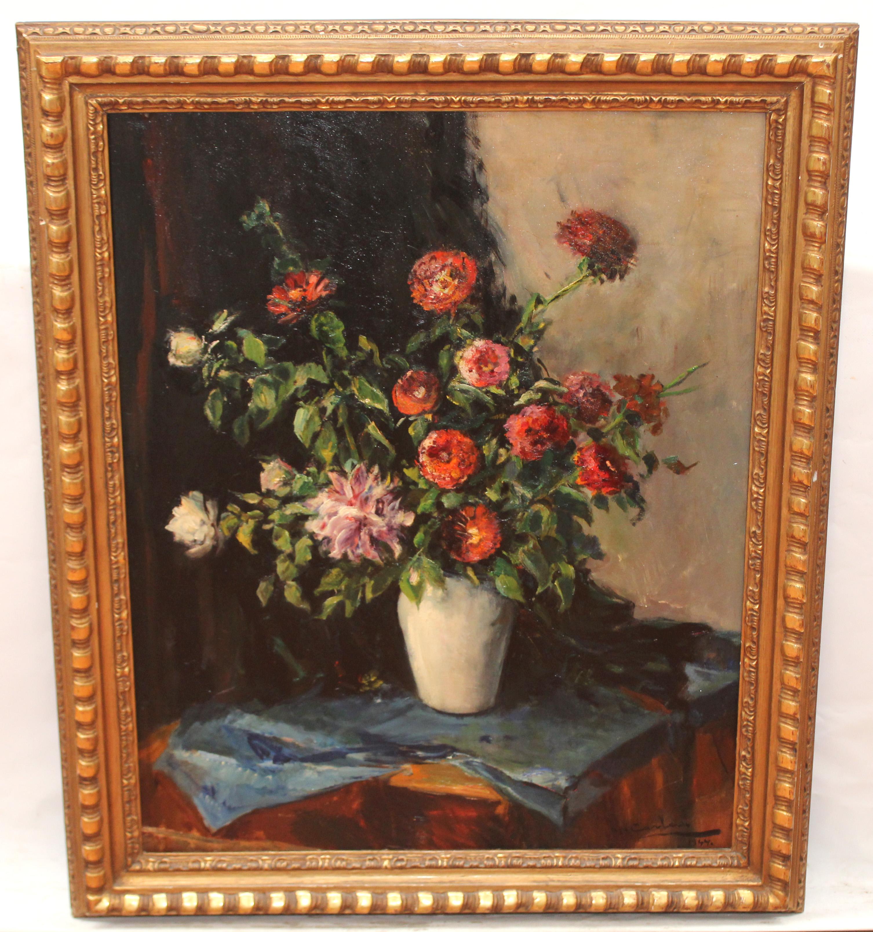 Floral Still Life Oil Painting on Canvas, Framed, Signed, 1944