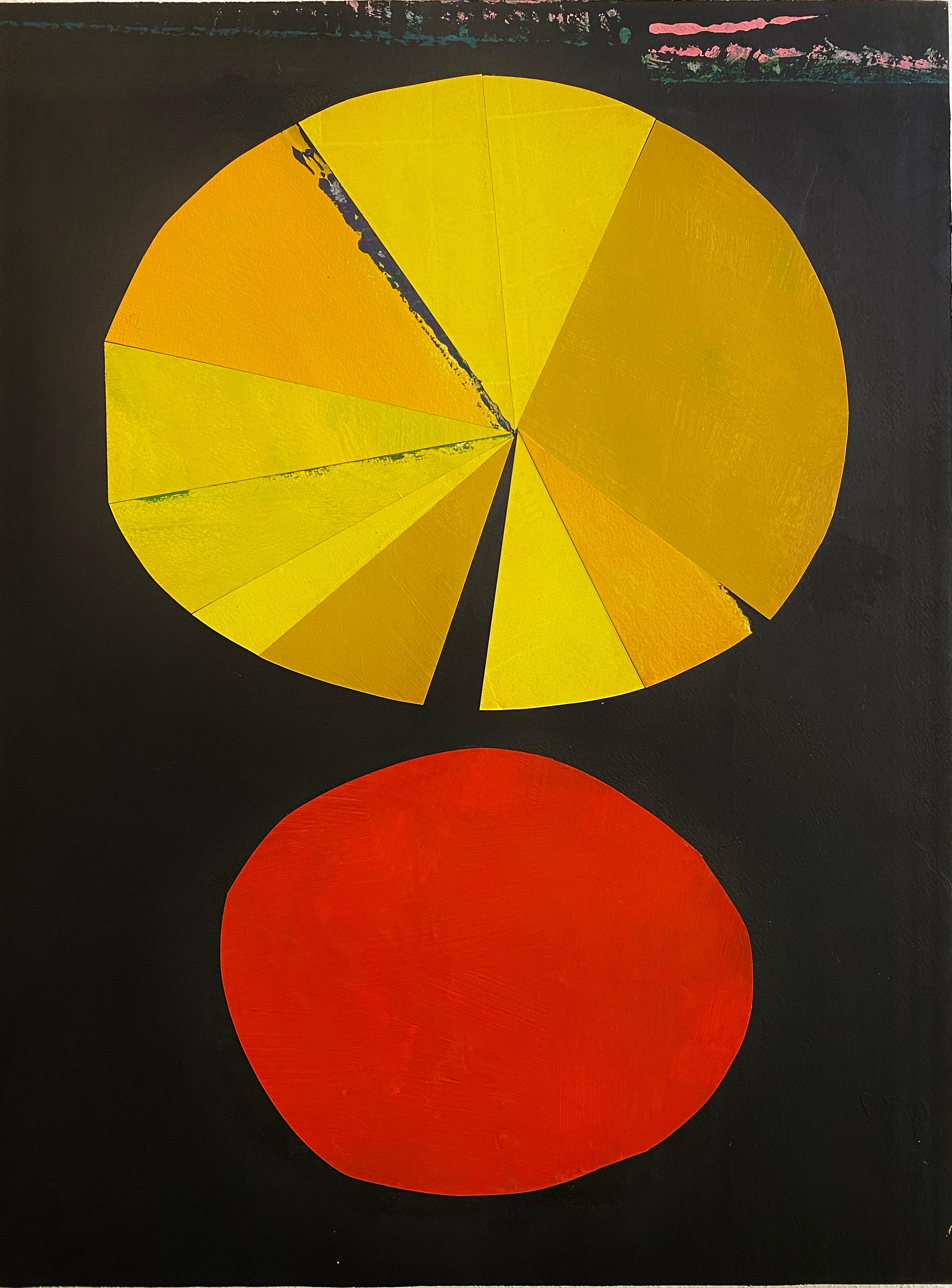 Dandelion
18.0 x 24.0 x 0.75, 7.5 lbs
Acrylic, archival paper, and wood panel 
Hand signed by artist

Artist's Commentary: 
"This modernist abstract piece features bright yellow and orange on a black ground, bringing to mind a dandelion in a burst