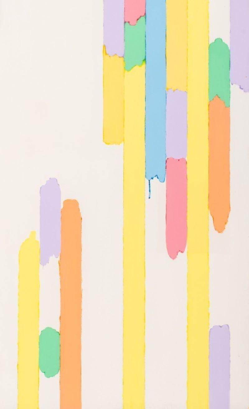 Domenick Capobianco (American, born 1928) abstract acrylic on canvas depicting colorful vertical lines on a white ground, signed to verso, circa 1975, unframed. 66