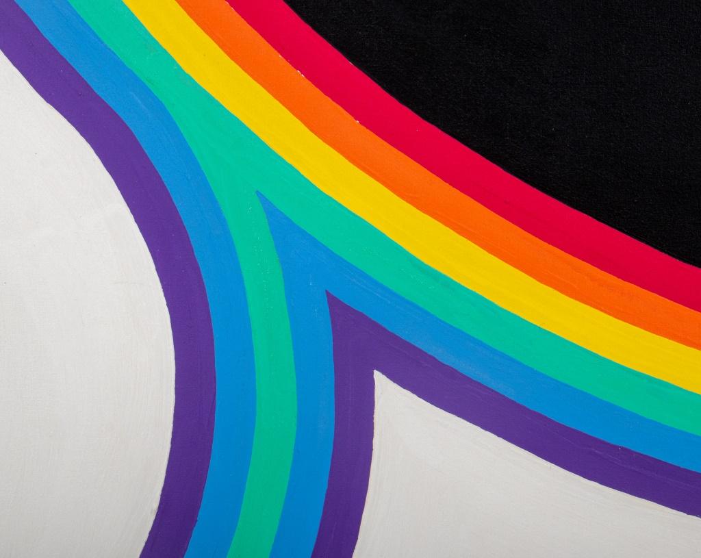 Domenick Capobianco (Amerikaner, geb. 1928), Abstrakte Pop Art Komposition, Acryl auf Leinwand, Darstellung eines frei geformten Regenbogenmotivs auf schwarzem und weißem Grund, offenbar unsigniert, verso Stempel 