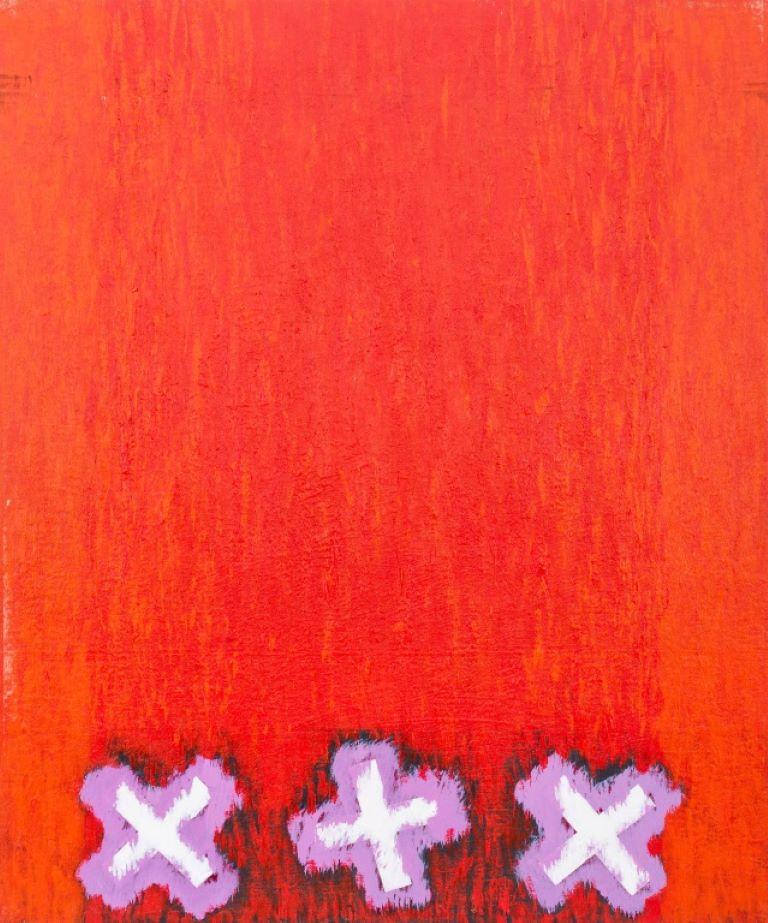 Domenick Capobianco (American, b. 1928) abstract acrylic painting on panel, depicting three crosses on a red ground, apparently unsigned, 