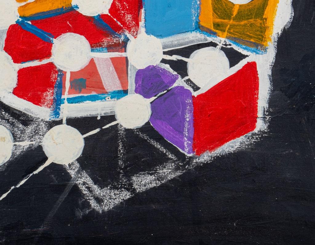 Domenick Capobianco (Américain, né en Italie, né en 1938), Composition cubiste abstraite, Huile sur toile, représentant une structure géométrique colorée sur fond bleu et noir, apparemment non signée, tampons 