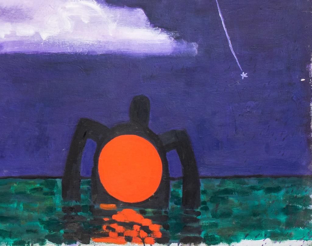 Domenick Capobianco (Américain, né en 1928), Scène océanique abstraite, Huile sur toile, représentant un coucher de soleil sur la mer, apparemment non signée au verso, cachet 