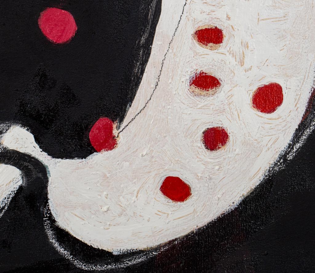 Domenick Capobianco (americano, nato nel 1928) Composizione astratta, Olio su tela, raffigurante forme libere bianche e punti rossi su fondo nero, apparentemente non firmata, timbri 