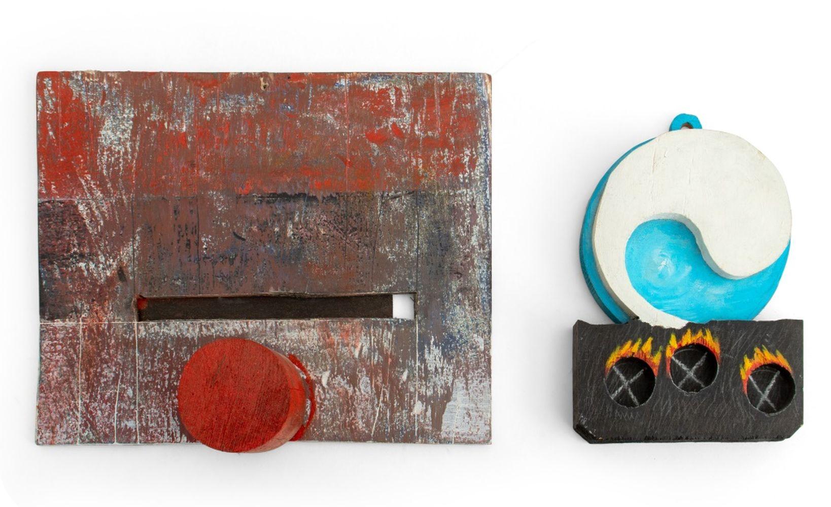 Domenick Capobianco (American, b. 1928) Two Abstract Polychrome Painted and Carved Wood Sculptures, wood carved into shapes and combined, the smaller signed "D. Capobianco, NYC" &nbsp;to reverse, the larger stamped "Studio Domenick Capobianco" to