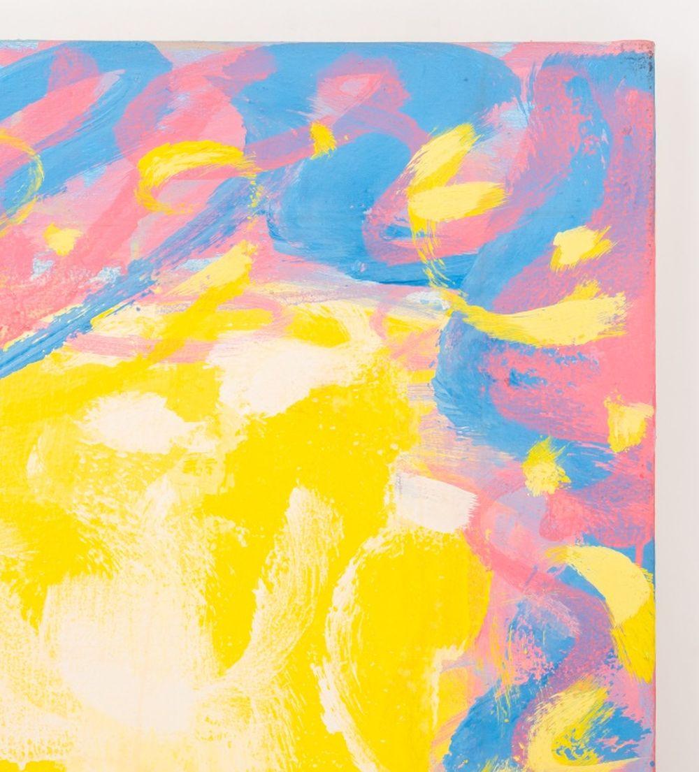 Domenick Capobianco (americano, nato nel 1928), Composizione astratta in giallo, Olio su tela, composizione astratta in giallo, con bordo blu e rosa, firmata e marcata 
