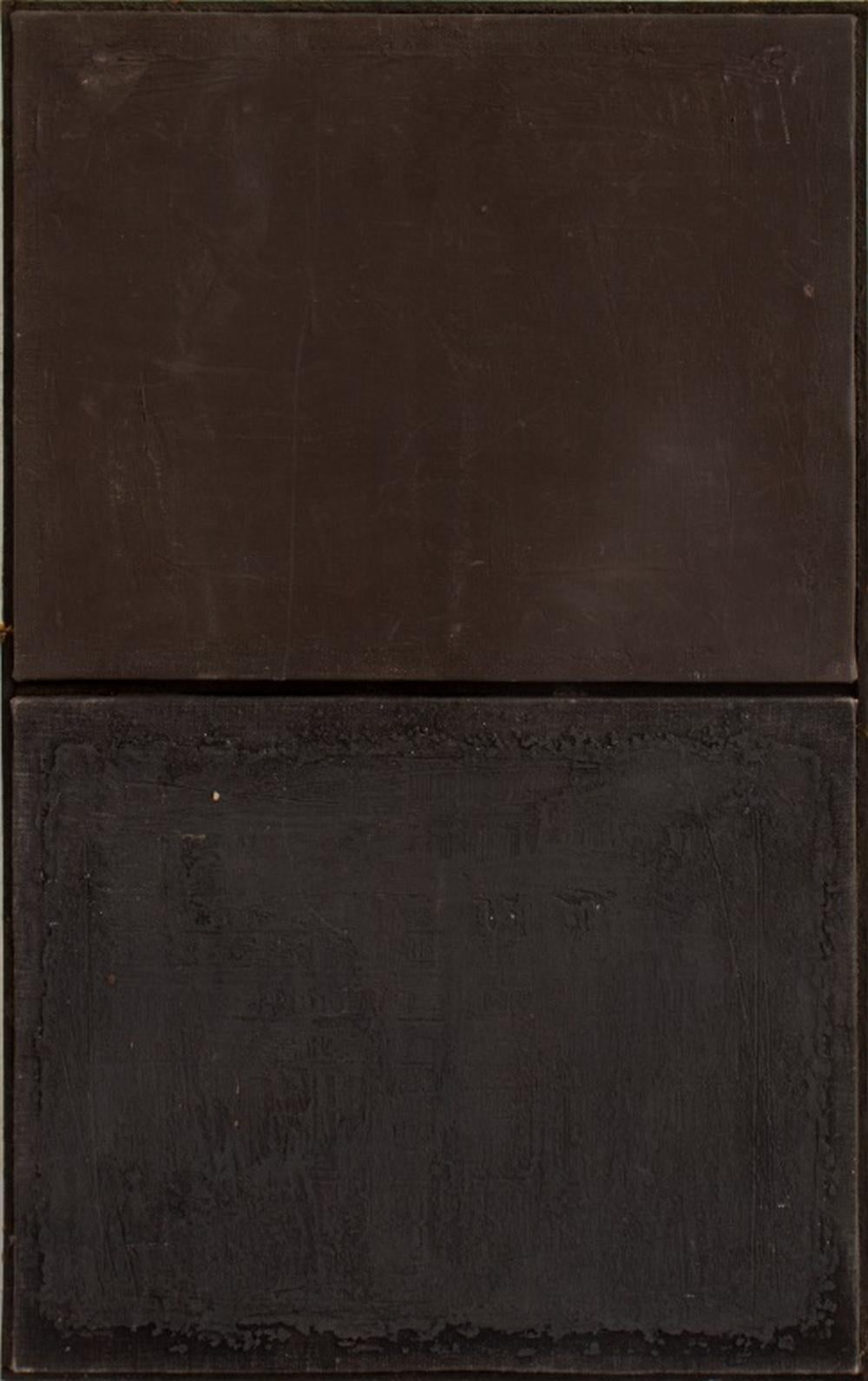 Domenick Capobianco (americano, nato nel 1928), Composizione astratta dittico in nero, olio su tela, 1966, firmato e datato verso. Ogni tela: 14" H x 11" L, cornice: 14,5" H x 23" W. Provenienza: Dalla collezione dell'artista.  Nota: Domenick