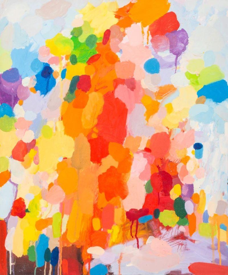 Domenick Capobianco (americano, nato nel 1928), Composizione astratta colorata, olio su pannello di tela, raffigurante punti policromi alla maniera di Damien Hirst (inglese, nato nel 1965), apparentemente non firmata, senza cornice. 24" H. x 20" L. 