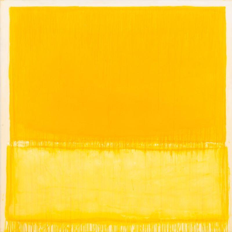 Domenick Capobianco (American, b. 1928), Abstract Color Field Composition in Yellow and Orange, Oil on Canvas, 1980, apparently unsigned, dated to verso and with "Studio Domenick Capobianco" stamp to side, unframed. 64" H x 66" W.   Provenance: From