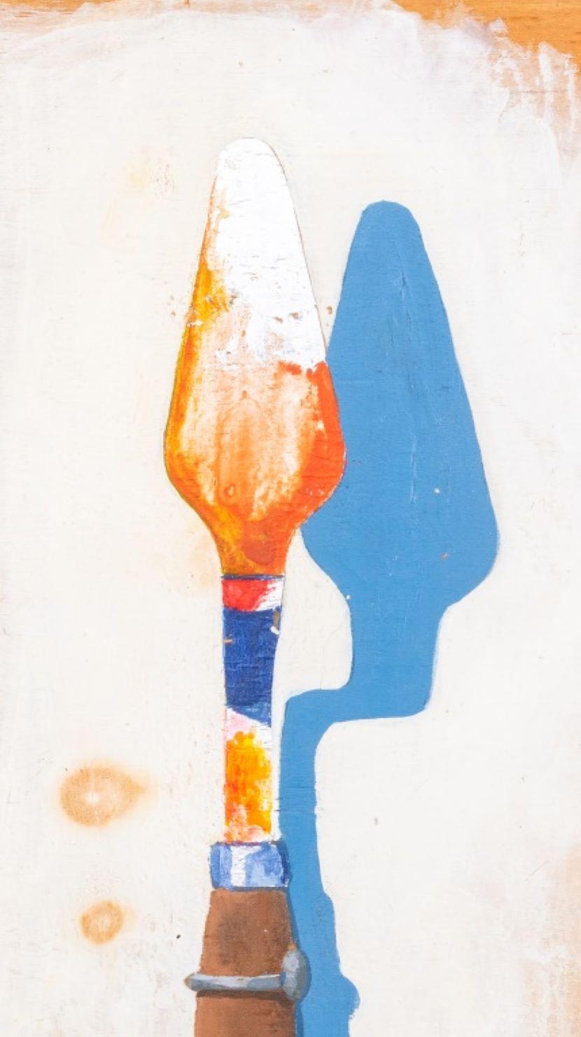 Domenick Capobianco (Américain, né en 1928) Peinture acrylique surréaliste sur panneau de bois, représentant un couteau à palette, à la manière de René Magritte (Belge, 1898-1967), apparemment non signée, cachet 