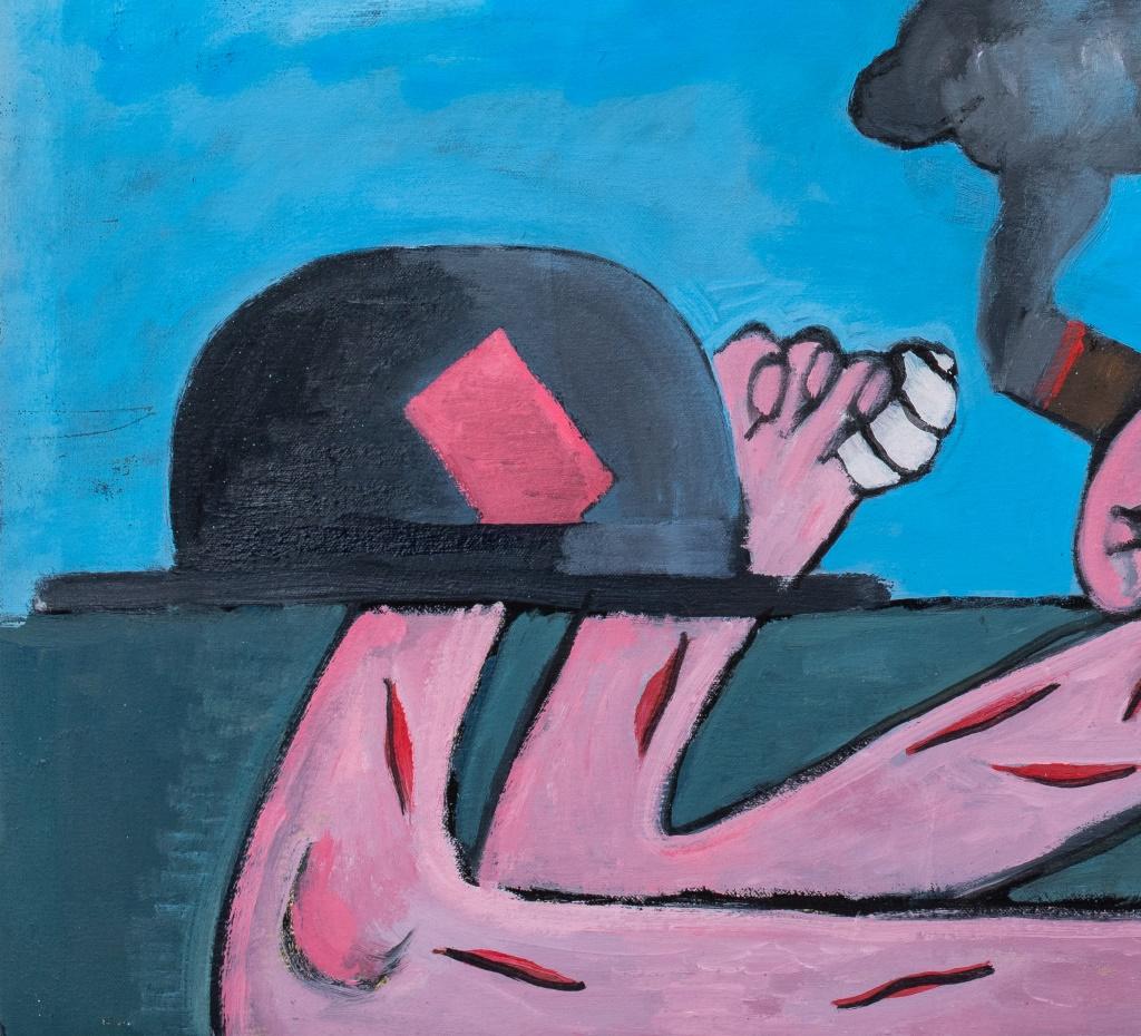 Domenick Capobianco (Américain, né en 1928), Composition surréaliste, Huile sur toile, représentant un homme blessé avec un chapeau fumant avec le soleil en arrière-plan, apparemment non signée, tampon 