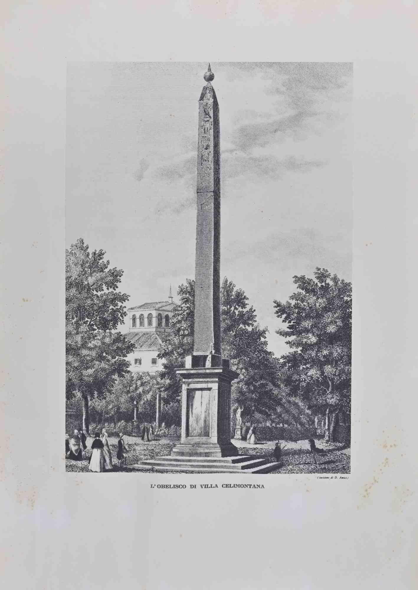 Domenico Amici Interior Print - L'Obelisco di Villa Celimontana, Rome - Etching by D. Amici - 19th Century