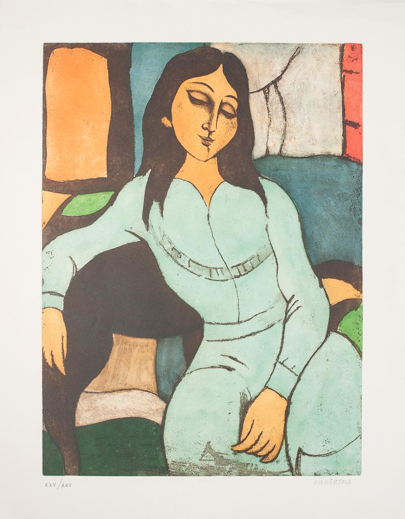 Sitting Woman is a beautiful original lithograph realized by the Italian master Domenico Cantatore.

A wonderful original print representing a seated woman through vivid color in a well-balanced composition.

Hand-signed on the lower right

Numbered