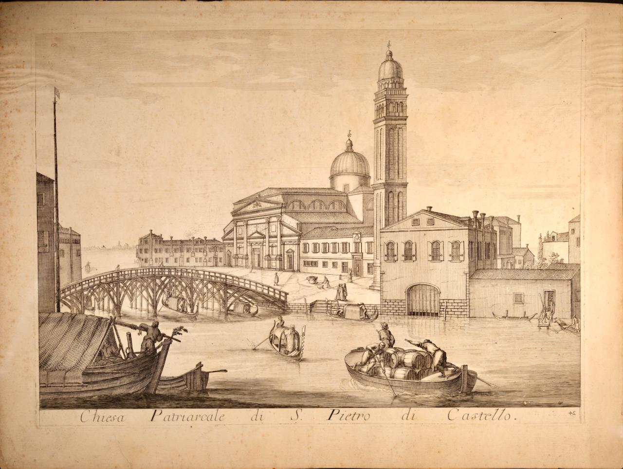 Domenico Lovisa Landscape Print - Venice: 18th Century View of the Basilica of S. Pietro di Castello by Lovisa