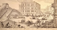 Venise : vue gravée du 18e siècle du Grand Canal et du pont du Rialto par Lovisa
