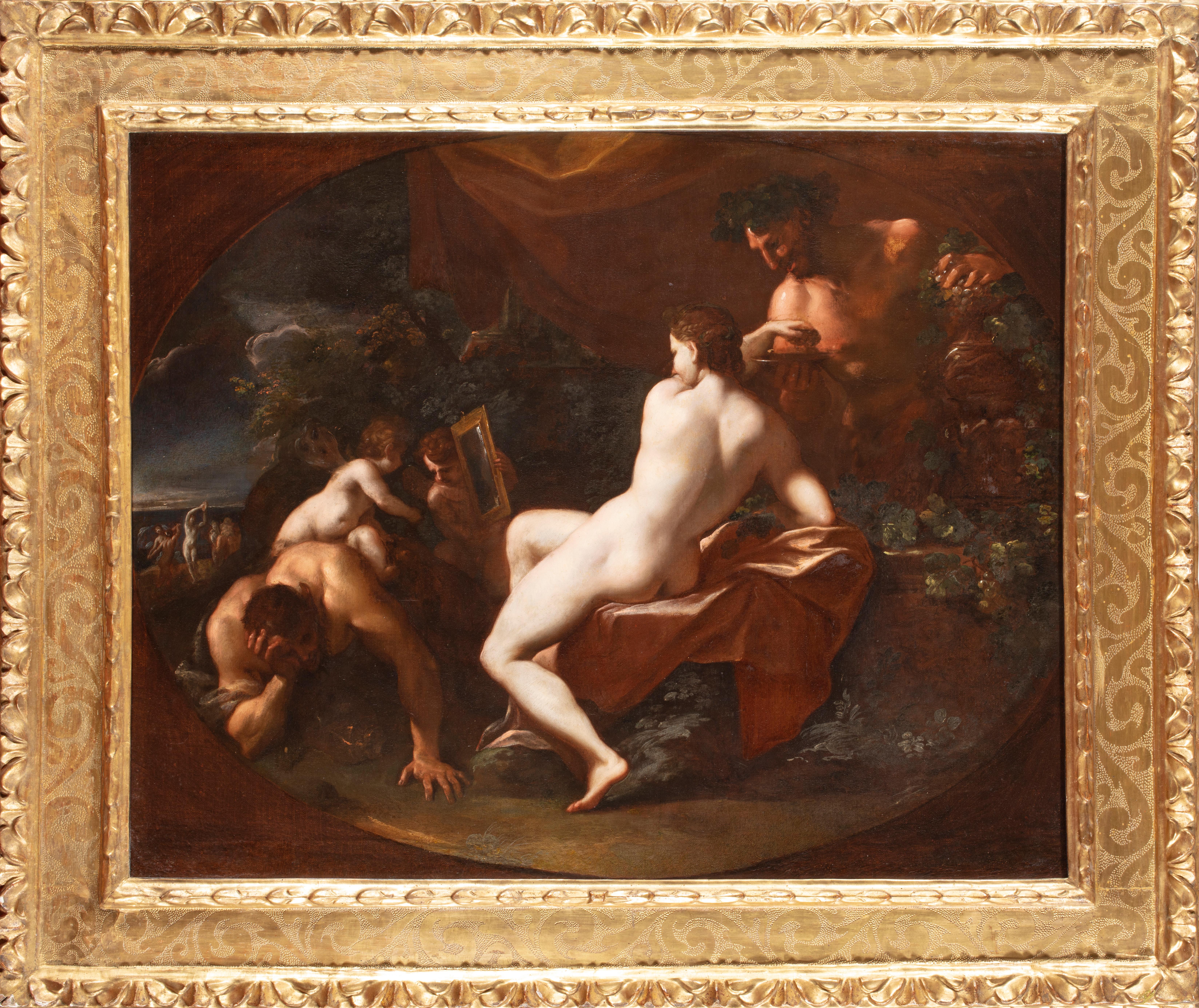 Domenico Maria Canuti (Bologne 1626 - 1684)
Toilette de Vénus avec Cupidons et Satyres
Huile sur toile, cm. 79x98 - avec cadre cm. 102x121
Cadre original en bois doré, pièces façonnées, sculptées, taillées et poinçonnées
Expertise : Massimo