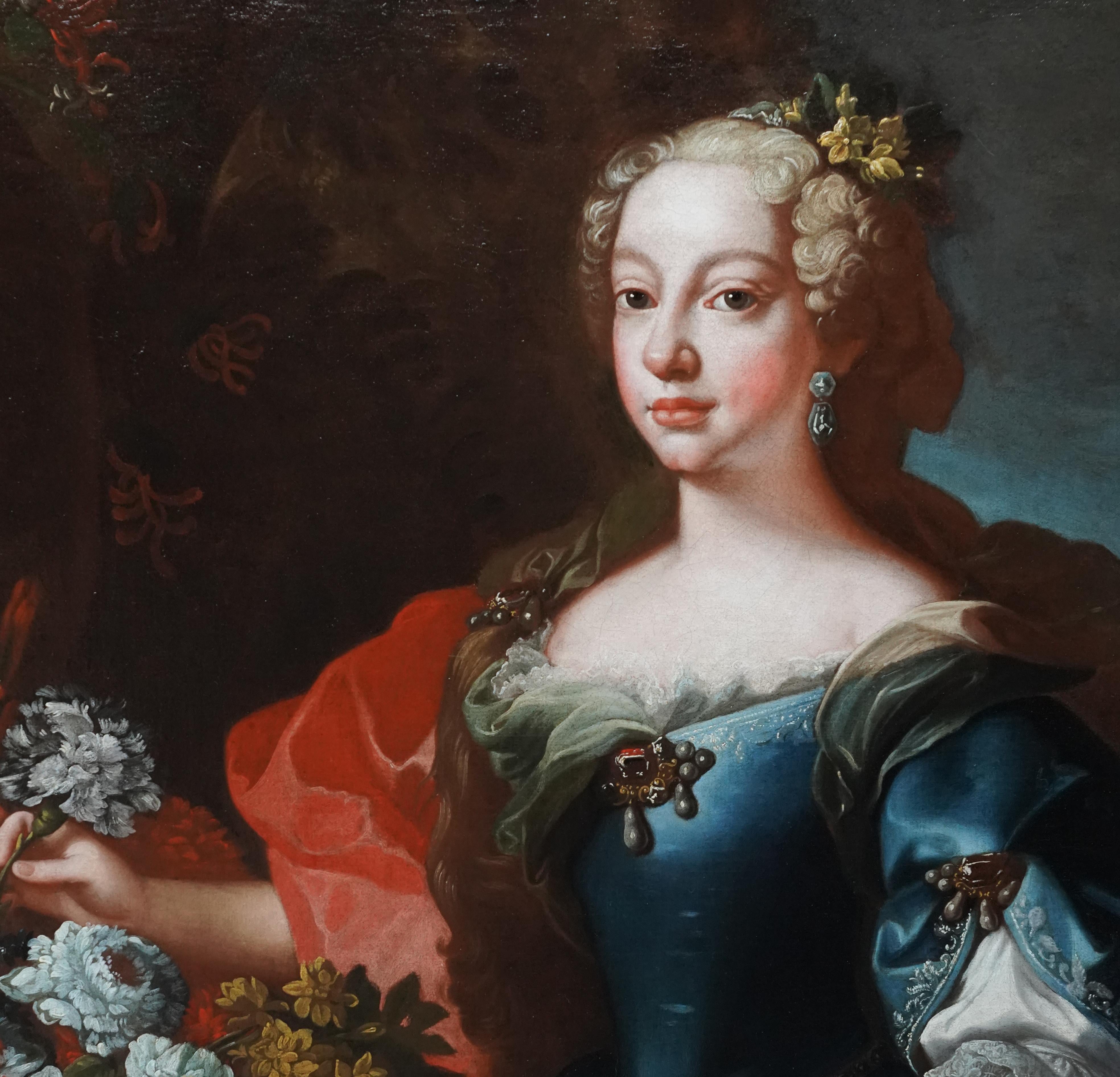 Dieses schöne italienische Porträt-Ölgemälde alter Meister stammt von Domenico Maria Sani. Um 1732 gemalt, handelt es sich bei der Dargestellten um Maria Anna Vittoria (1718 - 1788),  Tochter von Philipp V. und Elisabetta Farnese, die 1729 Joseph,