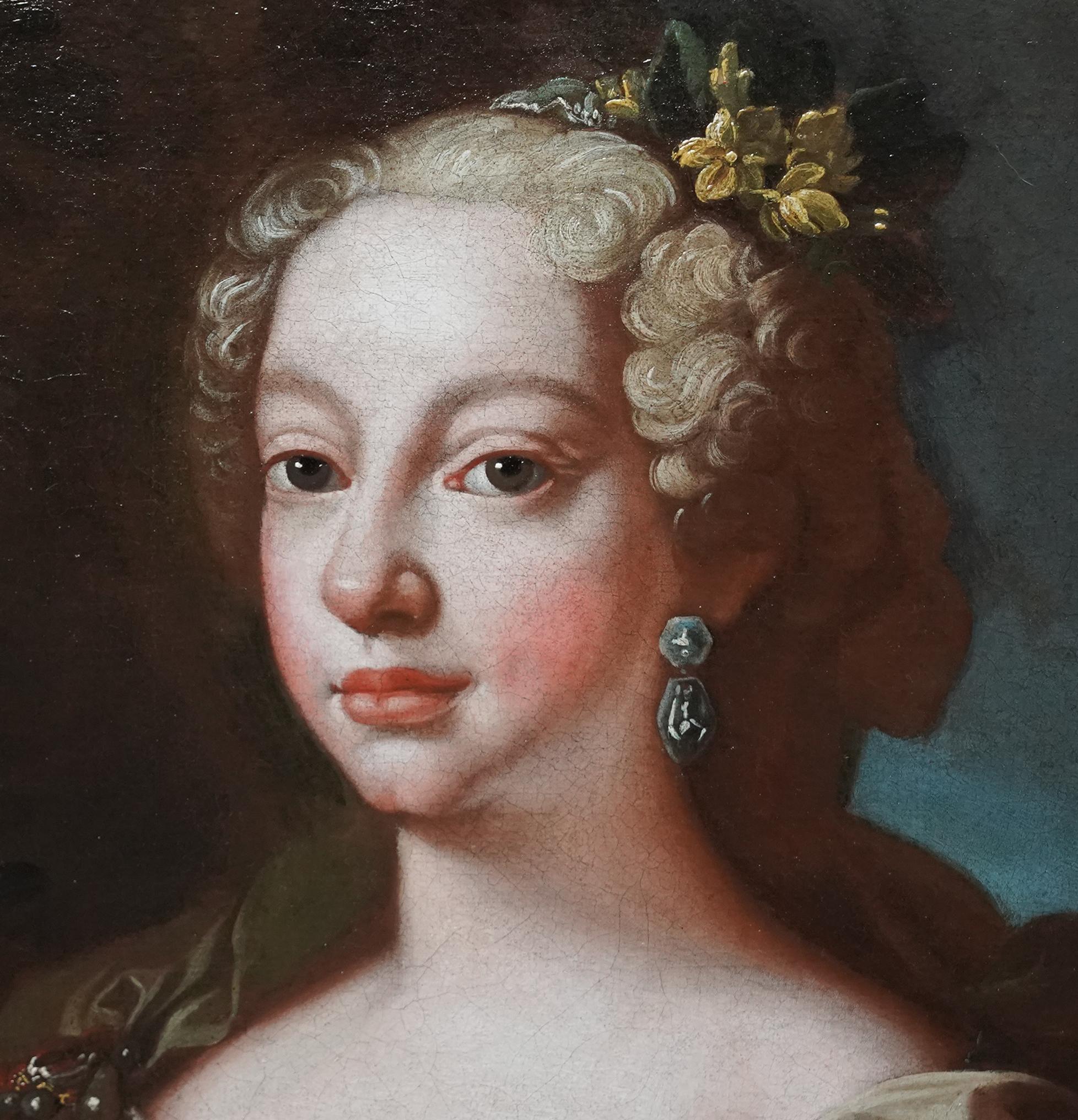 This lovely Italian Old Master portrait oil painting is by Domenico Maria Sani. Painted circa 1732 the sitter is of Maria Anna Vittoria (1718 - 1788),  daughter of Philip V and Elisabetta Farnese, who in 1729 married Joseph prince of Brazil and king