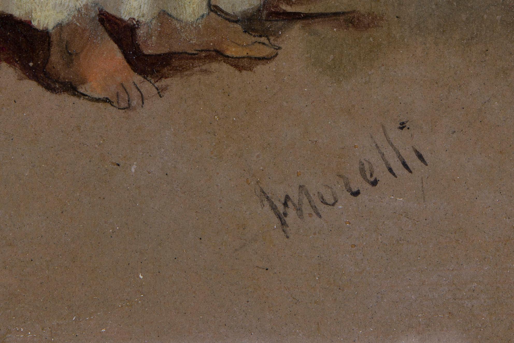 Bellissimo e interessante acquerello su carta attribuito al grande artista napoletano Domenico Morelli.
Raffigura uno dei suoi soggetti preferiti, ovvero una donna orientale colta in un atteggiamento naturalistico. 
In questo bellissimo dipinto