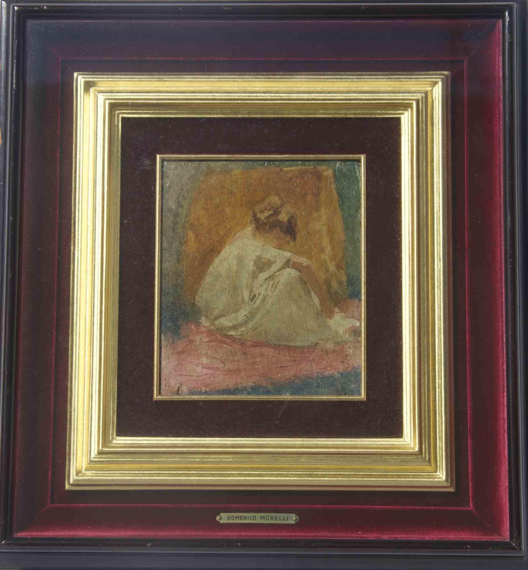 Figure féminine assise est une peinture originale à l'huile sur panneau réalisée par l'artiste Domenico Morelli (1823-1901).

Signé à la main au verso.

Cachet "Galleria Barone della Marra" et inscription "Dalla Collezione Giano Tabacci - Barone G.