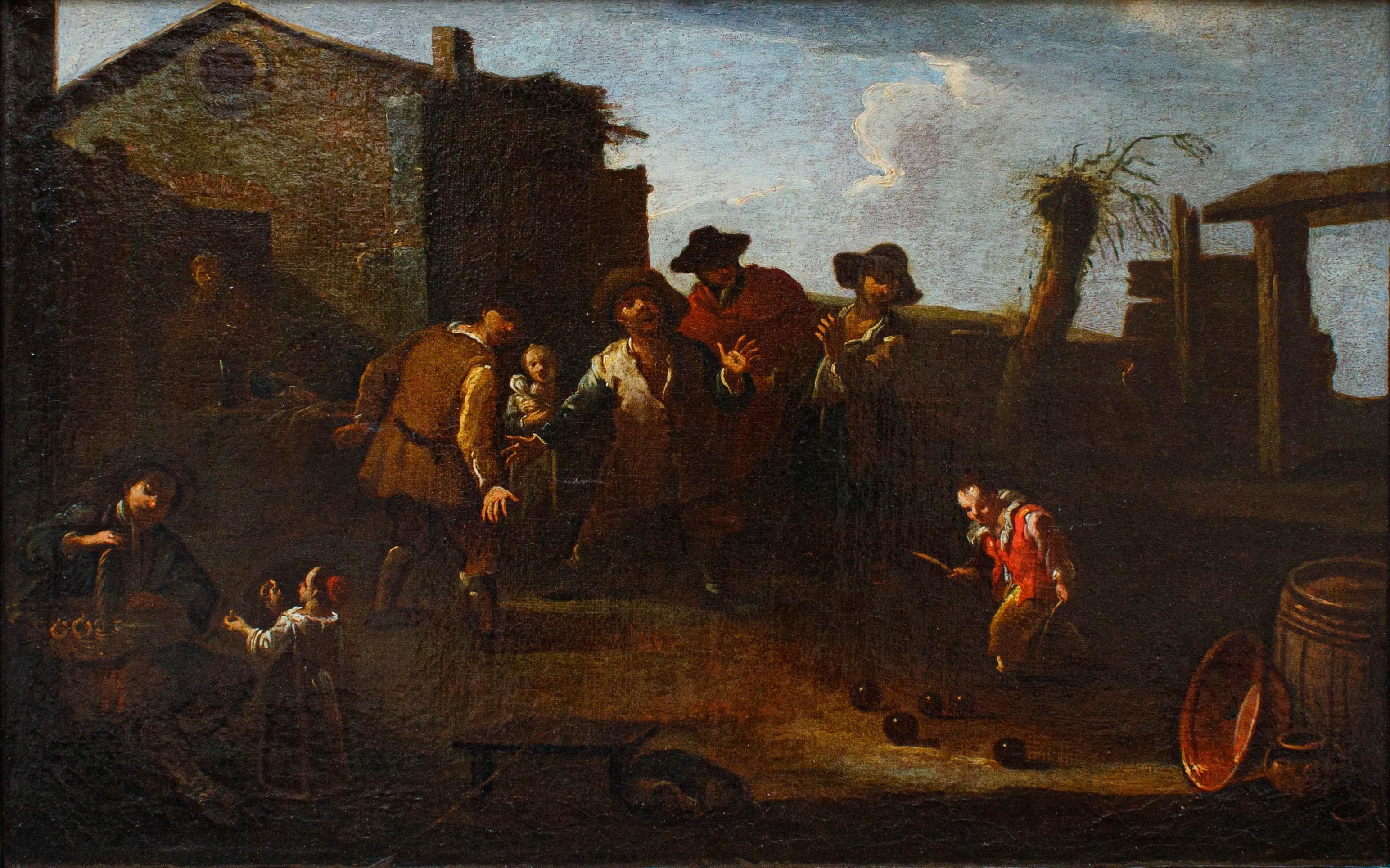 Domenico Olivero (Turin, August 1, 1679 - January 13, 1755)

Game of bowls

Oil on canvas, 43 x 65 cm

With frame, 54.5 x 76

Expert opinion Prof. Alberto Crispo

The painting shown here depicts peasants playing bowls near a farmhouse, while one of