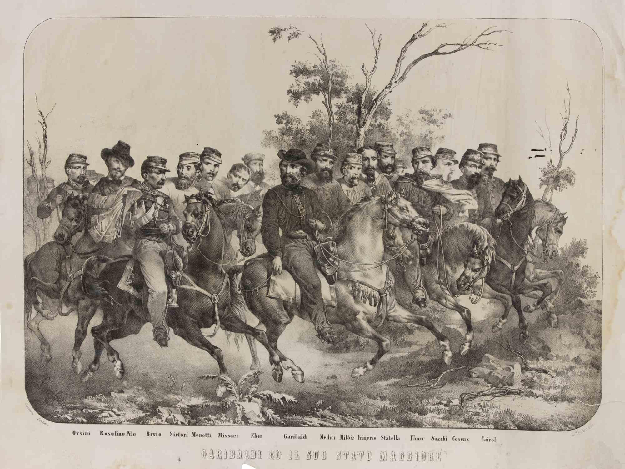 Garibaldi ed il suo Stato Maggiore - Lithograph by Domenico Pedrinelli - 1870s