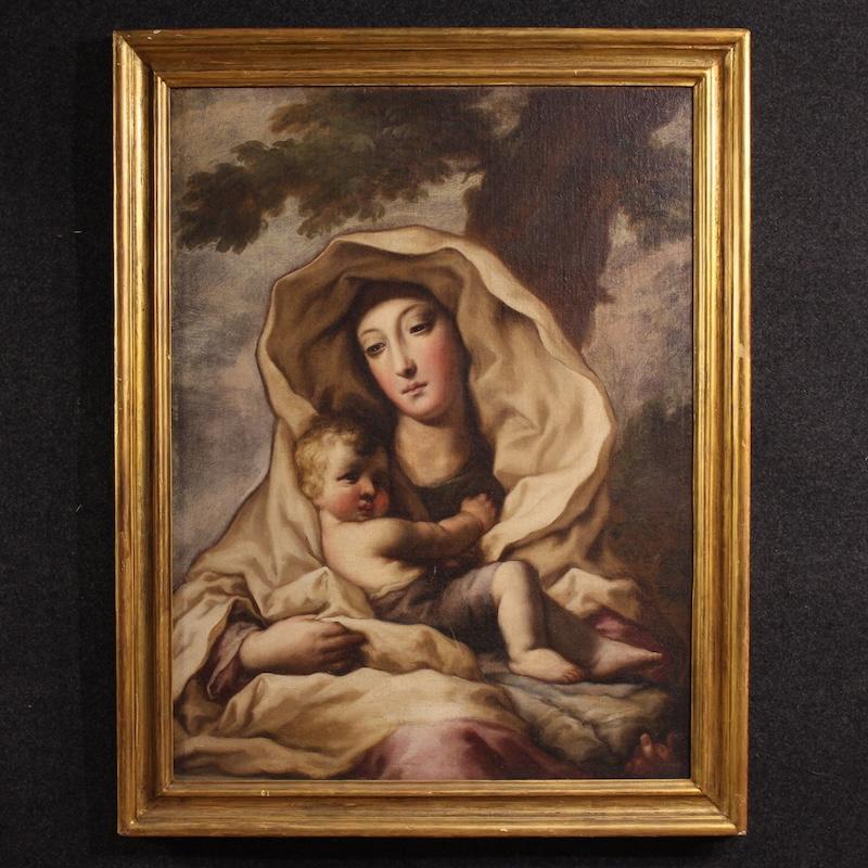 17th Century Oil on Canvas Italian Antique Religious Painting Madonna with Child