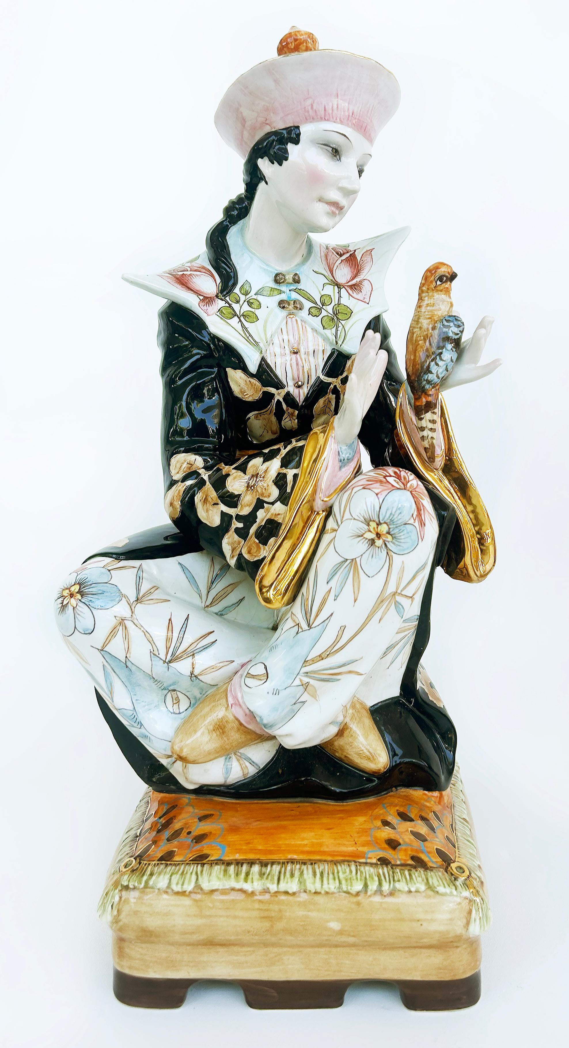 Domenico Poloniato Italian Majolica Asian Sculptures Lamp Bases, Glazed Ceramic  For Sale 6