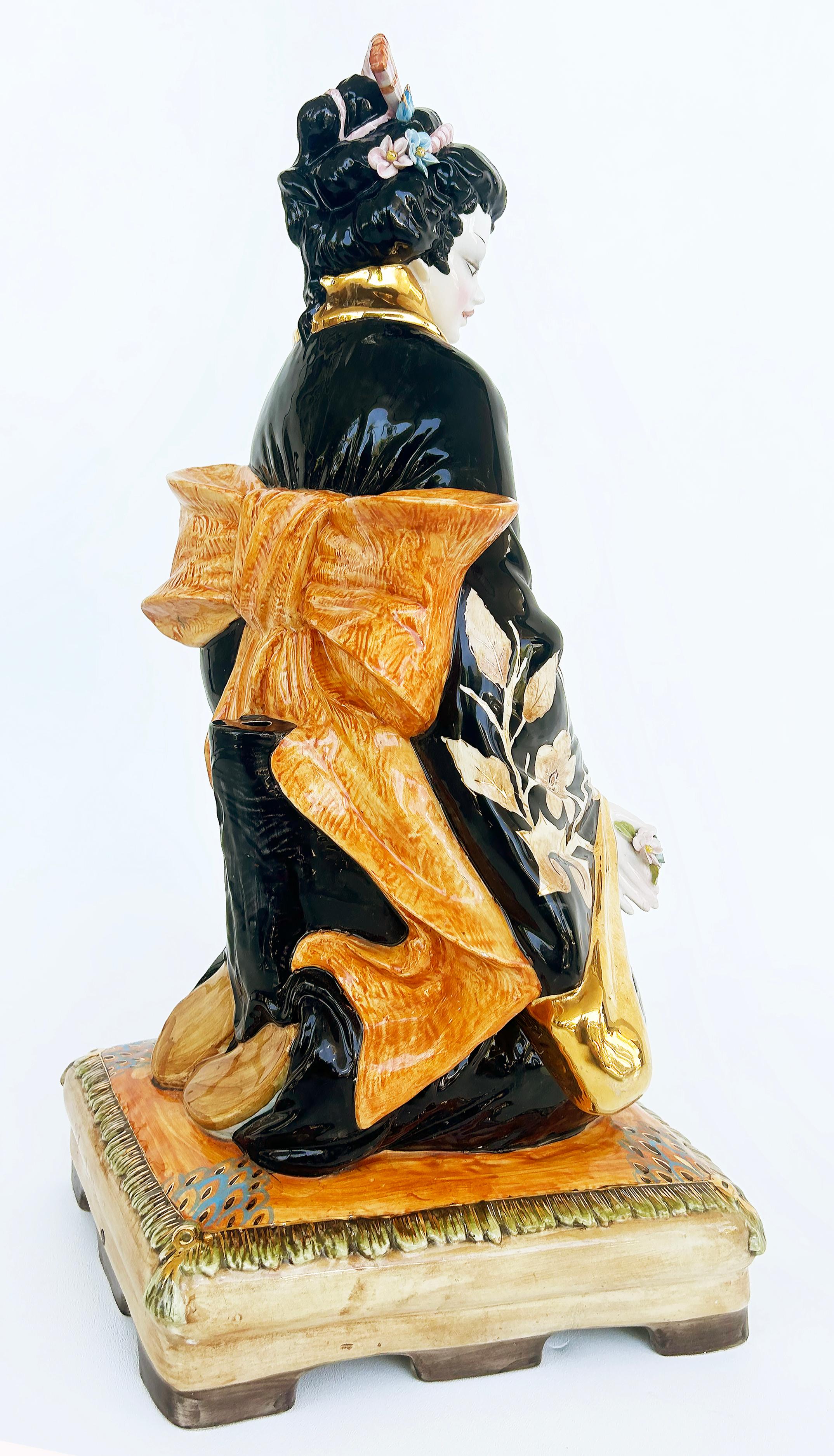 Domenico Poloniato Italian Majolica Asian Sculptures Lamp Bases, Glazed Ceramic  In Good Condition For Sale In Miami, FL