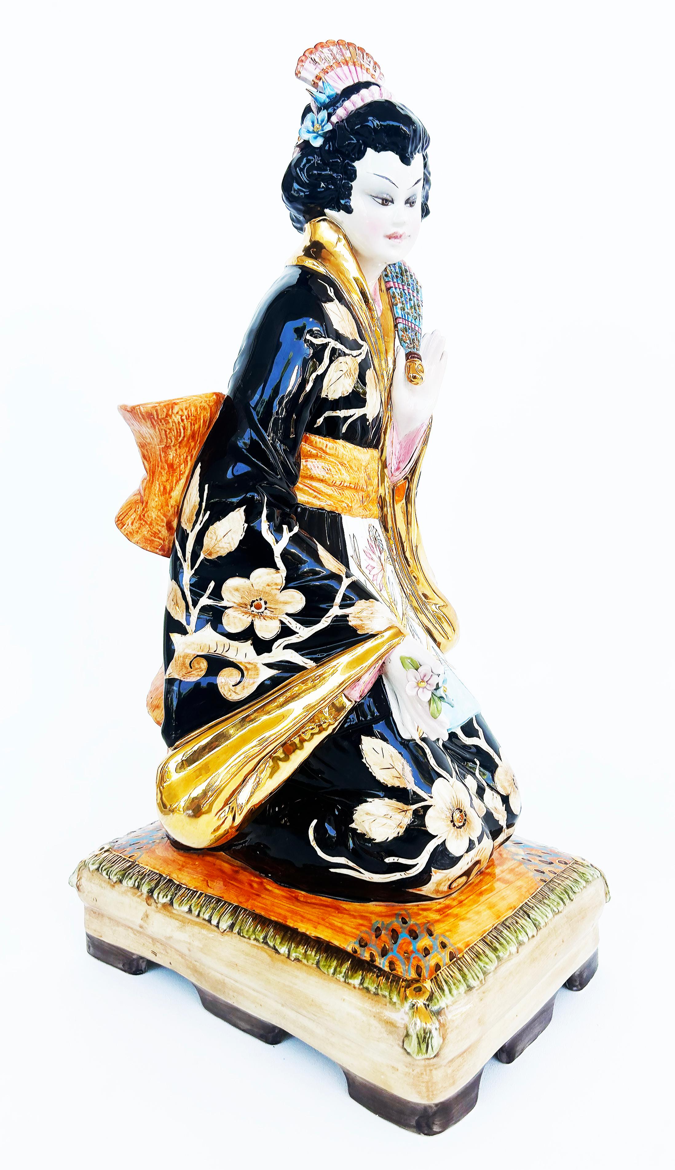 Domenico Poloniato Italian Majolica Asian Sculptures Lamp Bases, Glazed Ceramic  For Sale 1