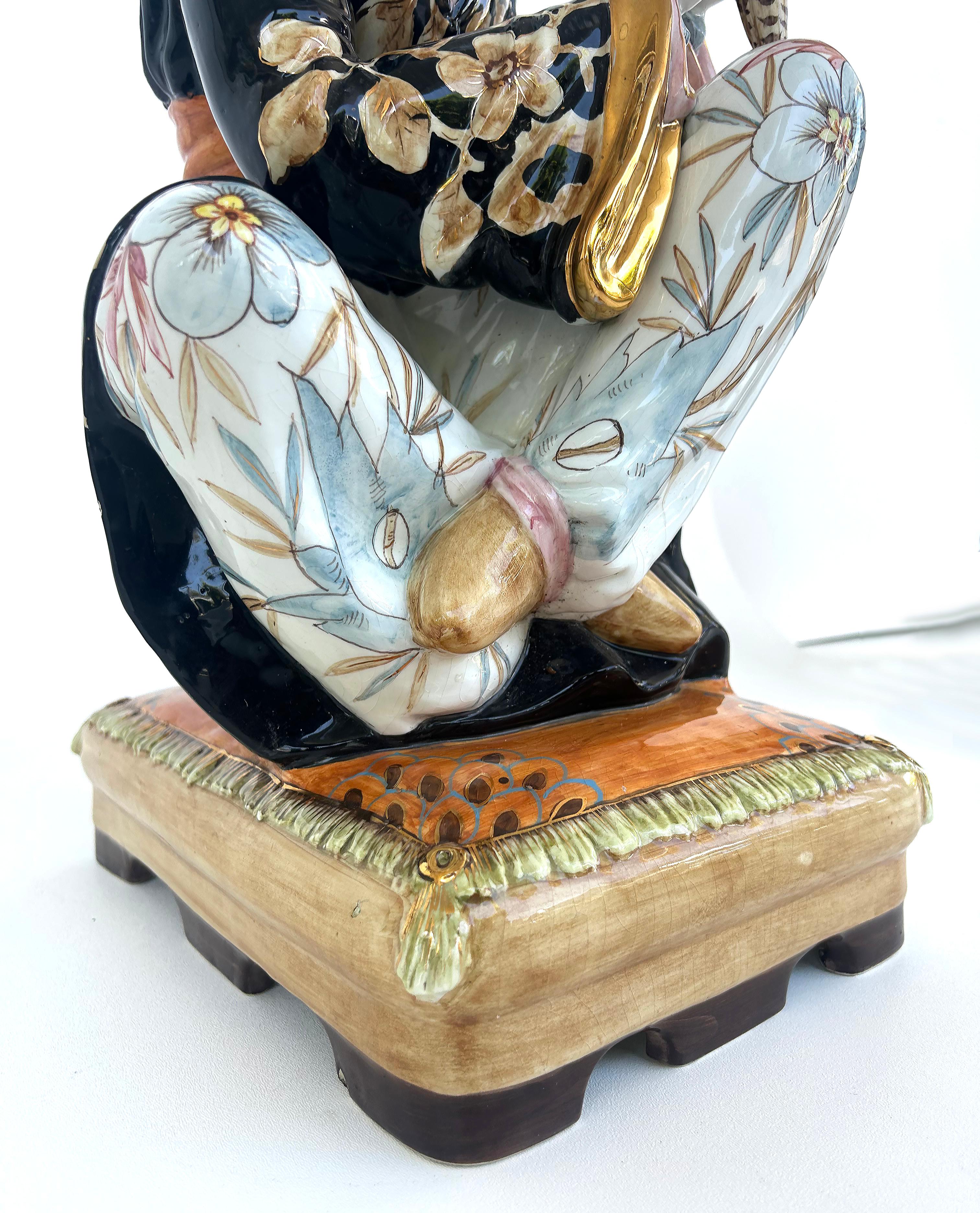 Domenico Poloniato Italian Majolica Asian Sculptures Lamp Bases, Glazed Ceramic  For Sale 4